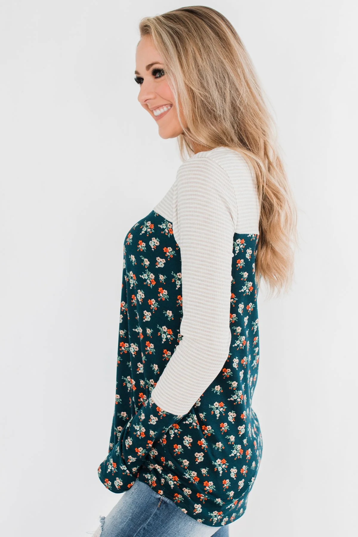 Time Of Your Life Floral & Striped Top- Dark Teal & Oatmeal - Image 8