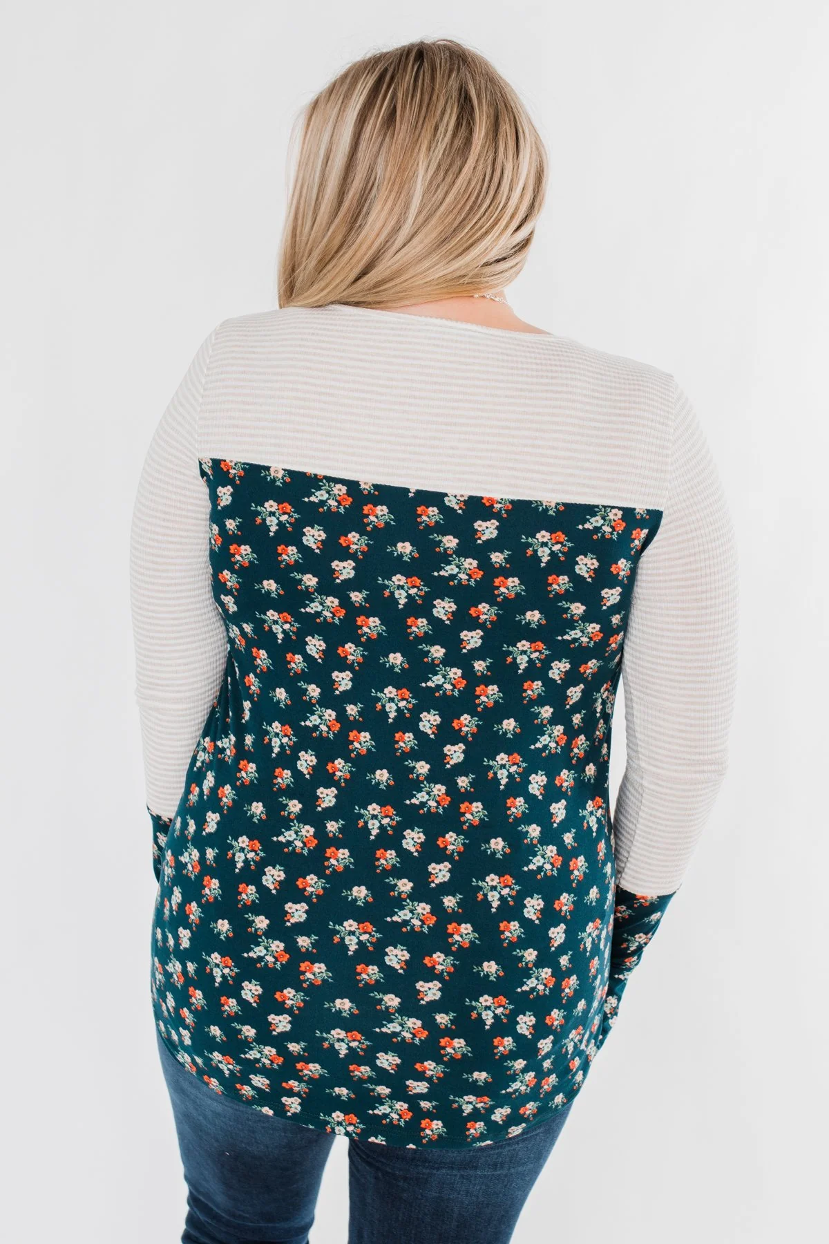 Time Of Your Life Floral & Striped Top- Dark Teal & Oatmeal - Image 9