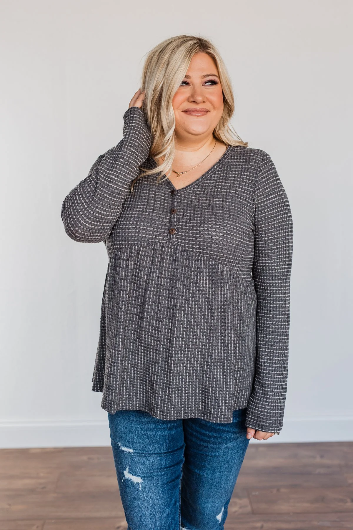 Time Spent Together Babydoll Top- Charcoal - Image 2