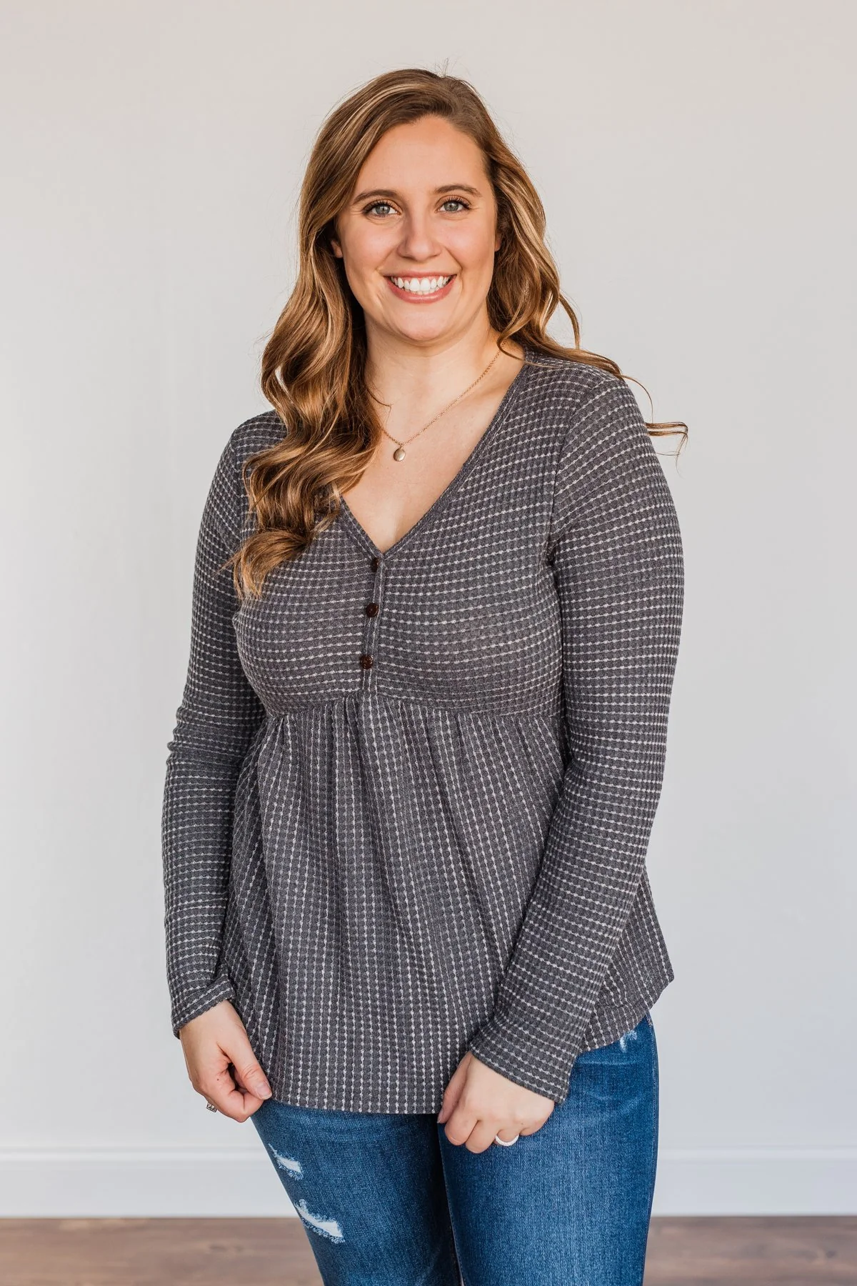 Time Spent Together Babydoll Top- Charcoal - Image 4