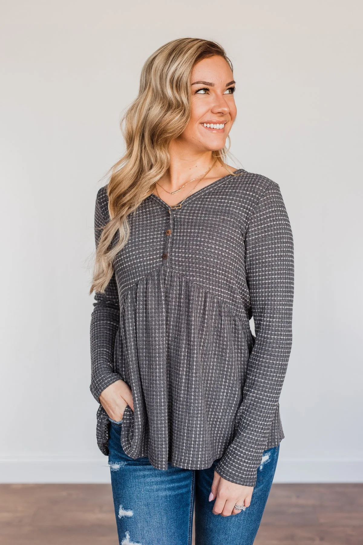 Time Spent Together Babydoll Top- Charcoal - Image 9