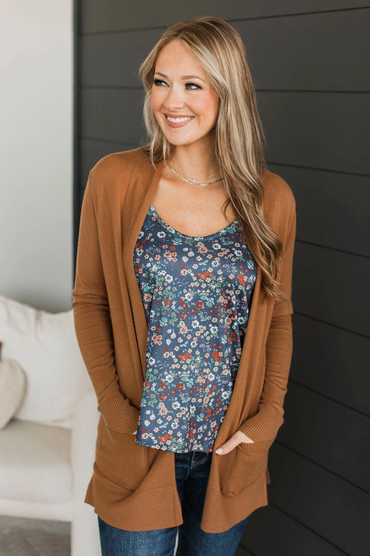 Time To Be Alive Drape Cardigan- Dark Camel - Image 2