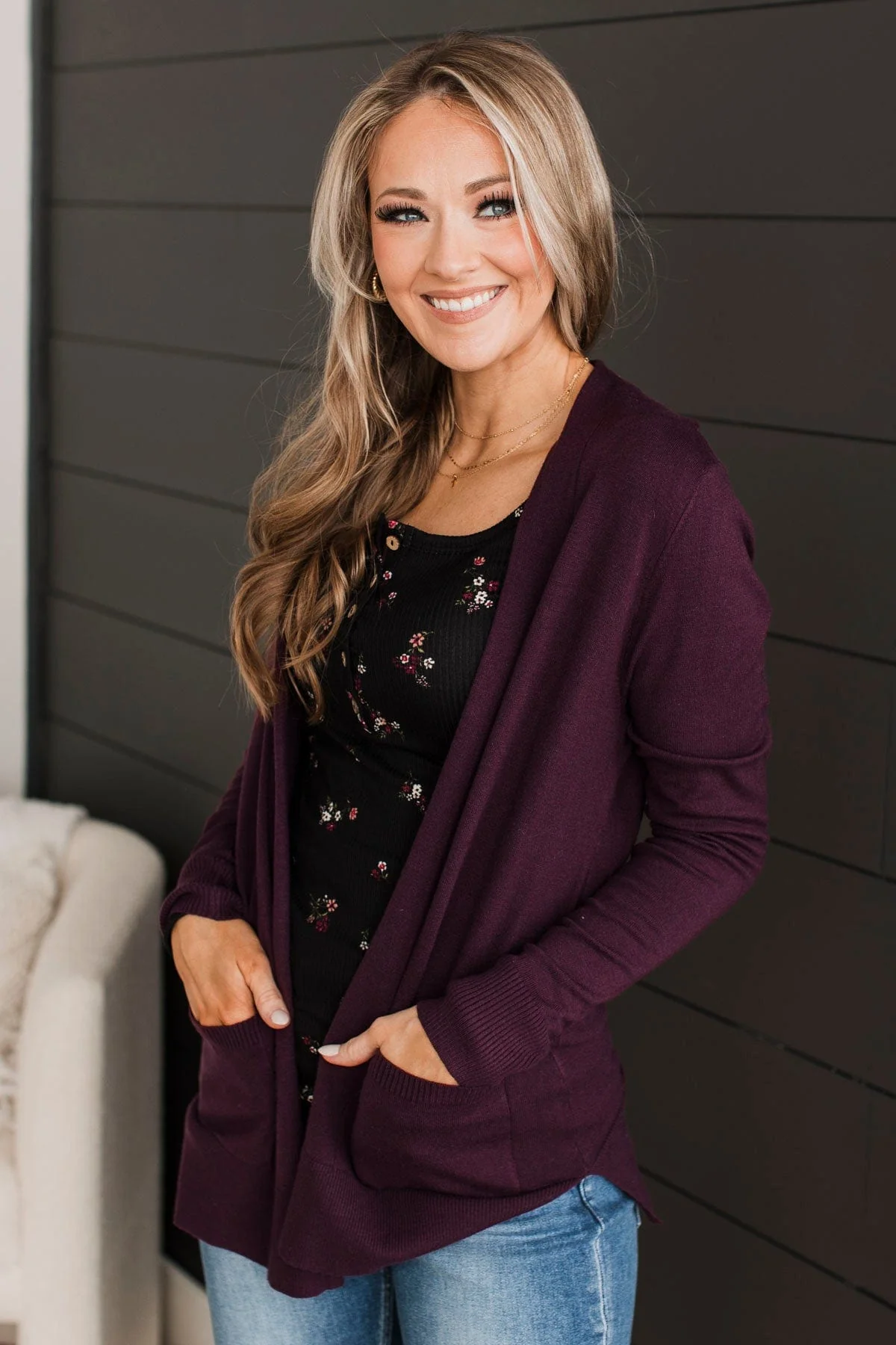 Time To Be Alive Drape Cardigan- Dark Plum - Image 2