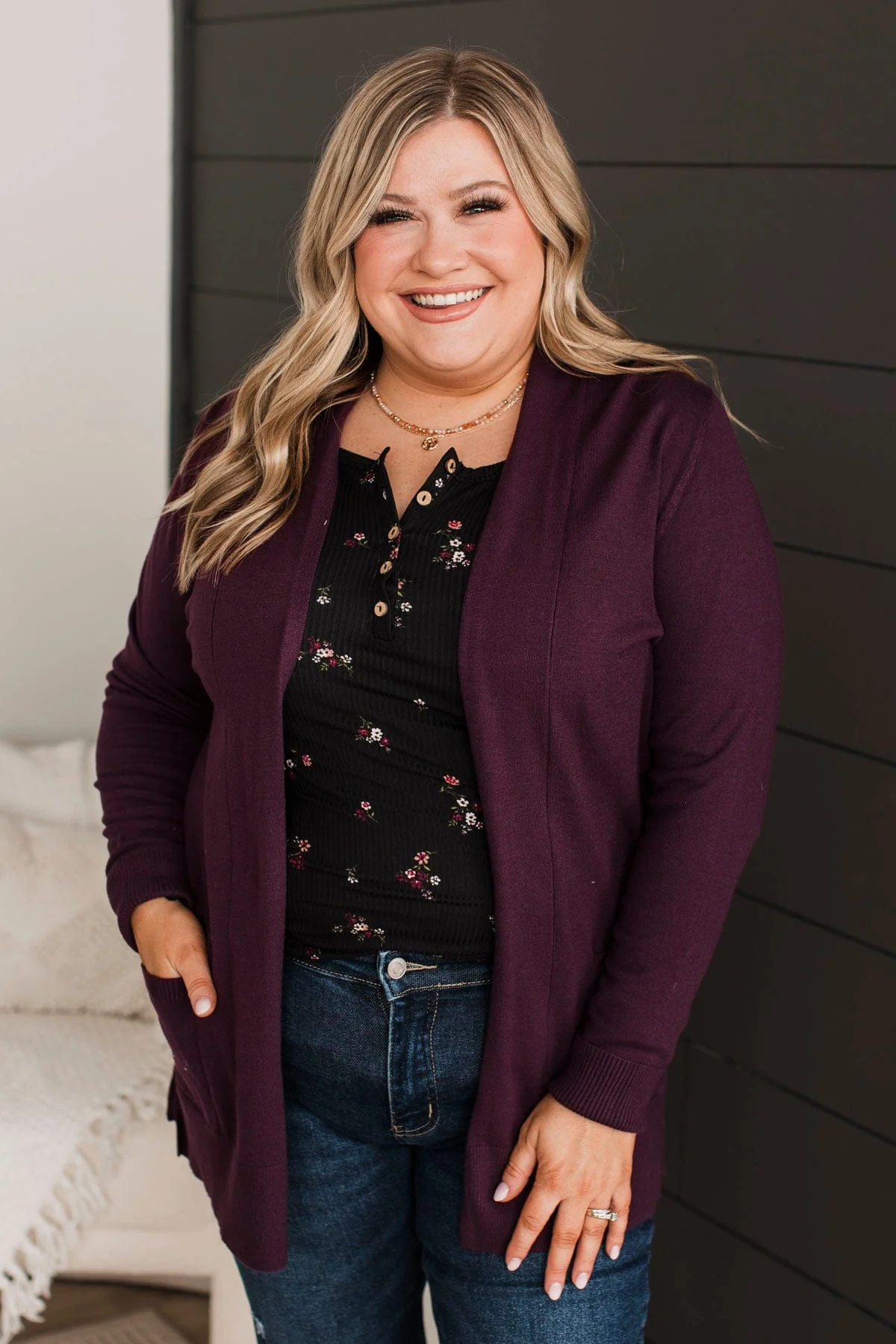 Time To Be Alive Drape Cardigan- Dark Plum - Image 6