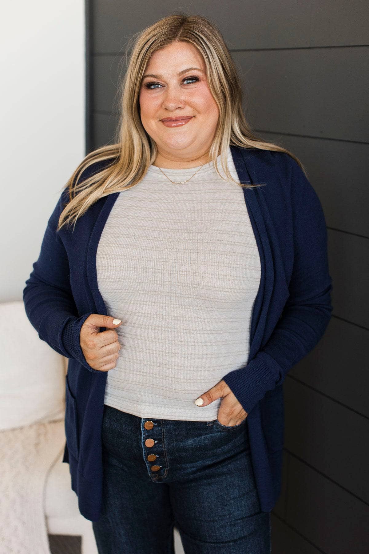 Time To Be Alive Drape Cardigan- Navy - Image 5