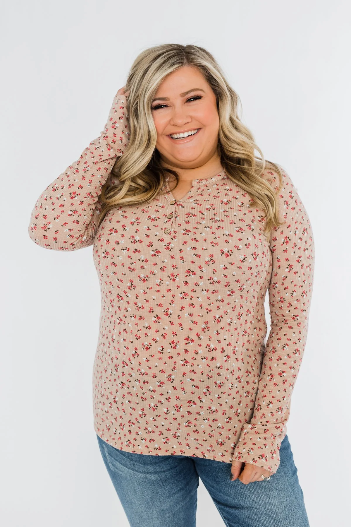 Time To Bloom Floral Henley Top- Taupe - Image 6