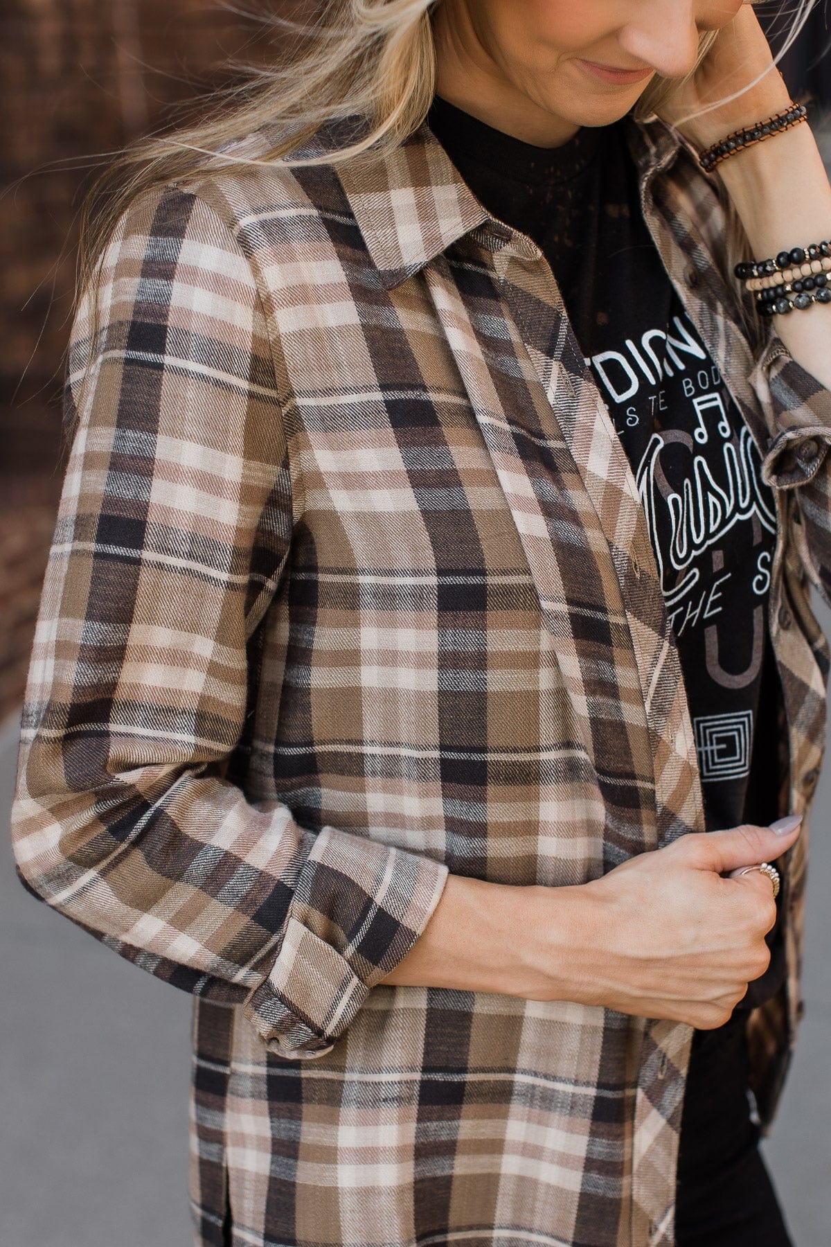 Time To Break Free Plaid Button Top- Khaki - Image 2