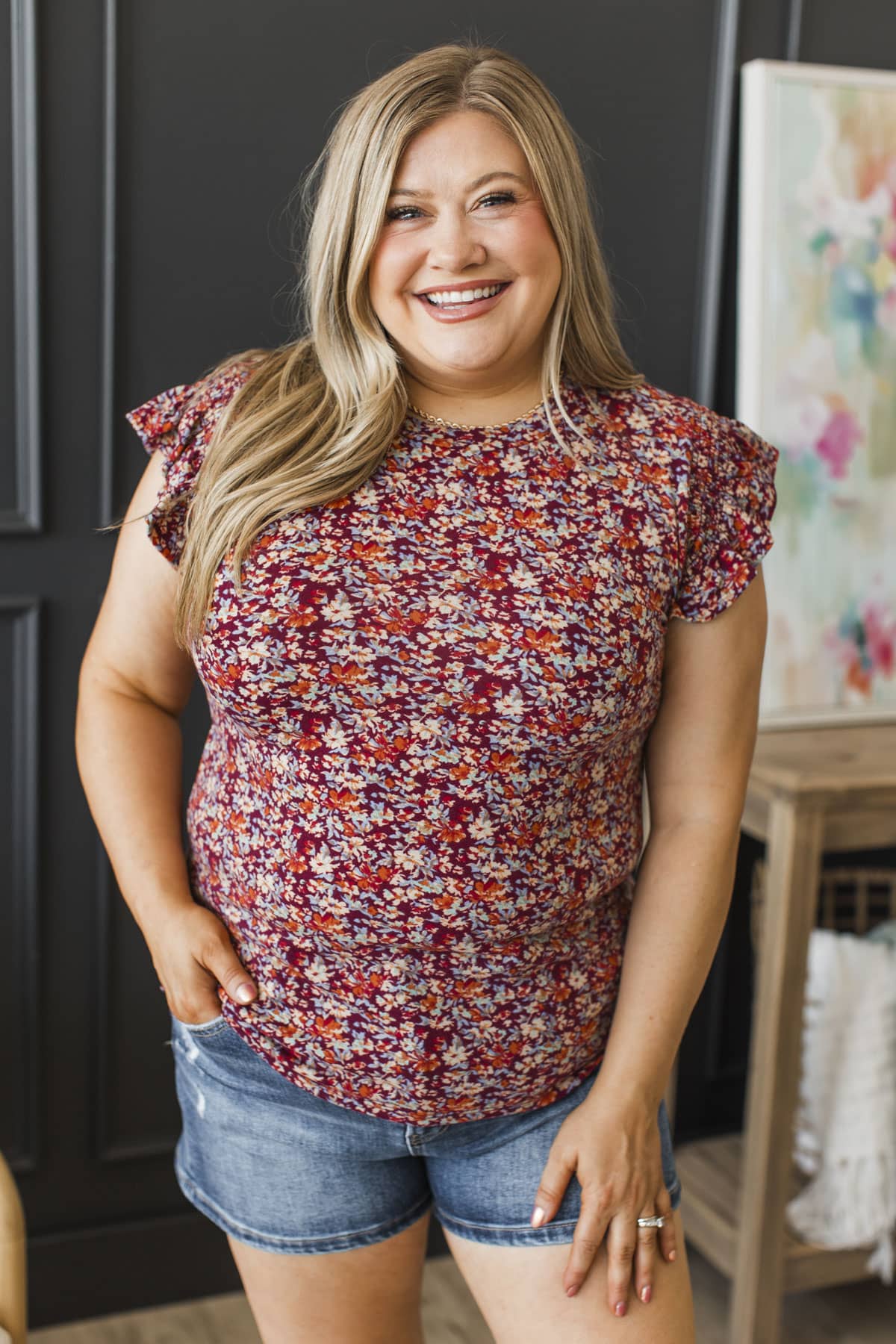 Time to Breathe Ruffle Sleeve Floral Top- Burgundy - Image 3