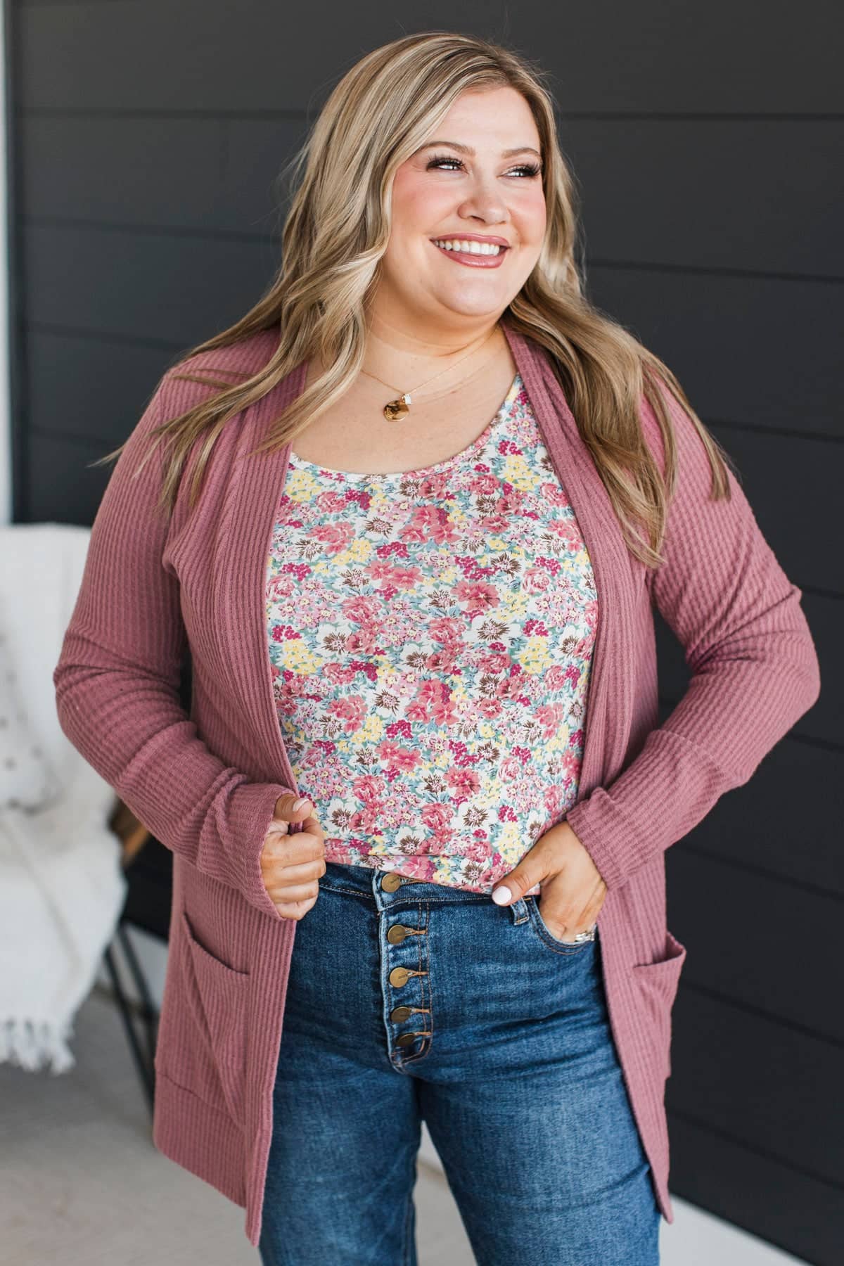 Time To Unwind Waffle Knit Cardigan- Dusty Mauve - Image 3