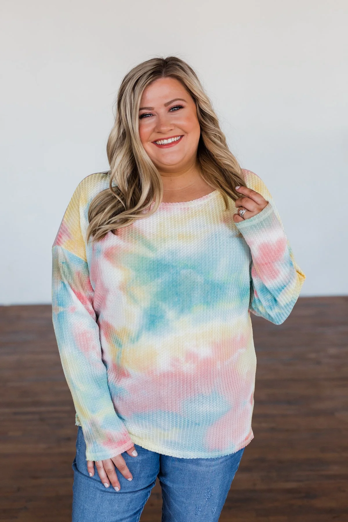 Time Will Tell Tie Dye Thermal Top- Yellow, Pink, & Blue - Image 3