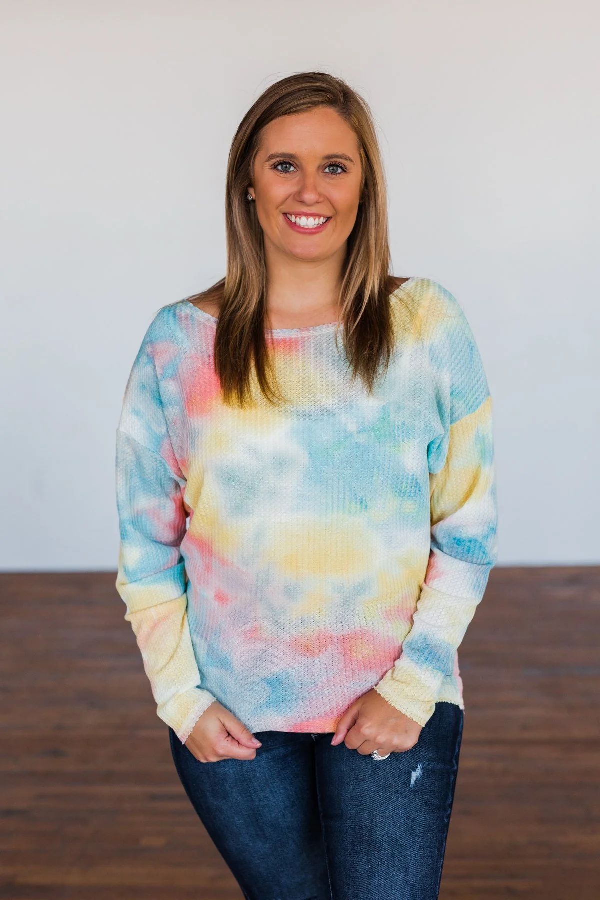 Time Will Tell Tie Dye Thermal Top- Yellow, Pink, & Blue - Image 4