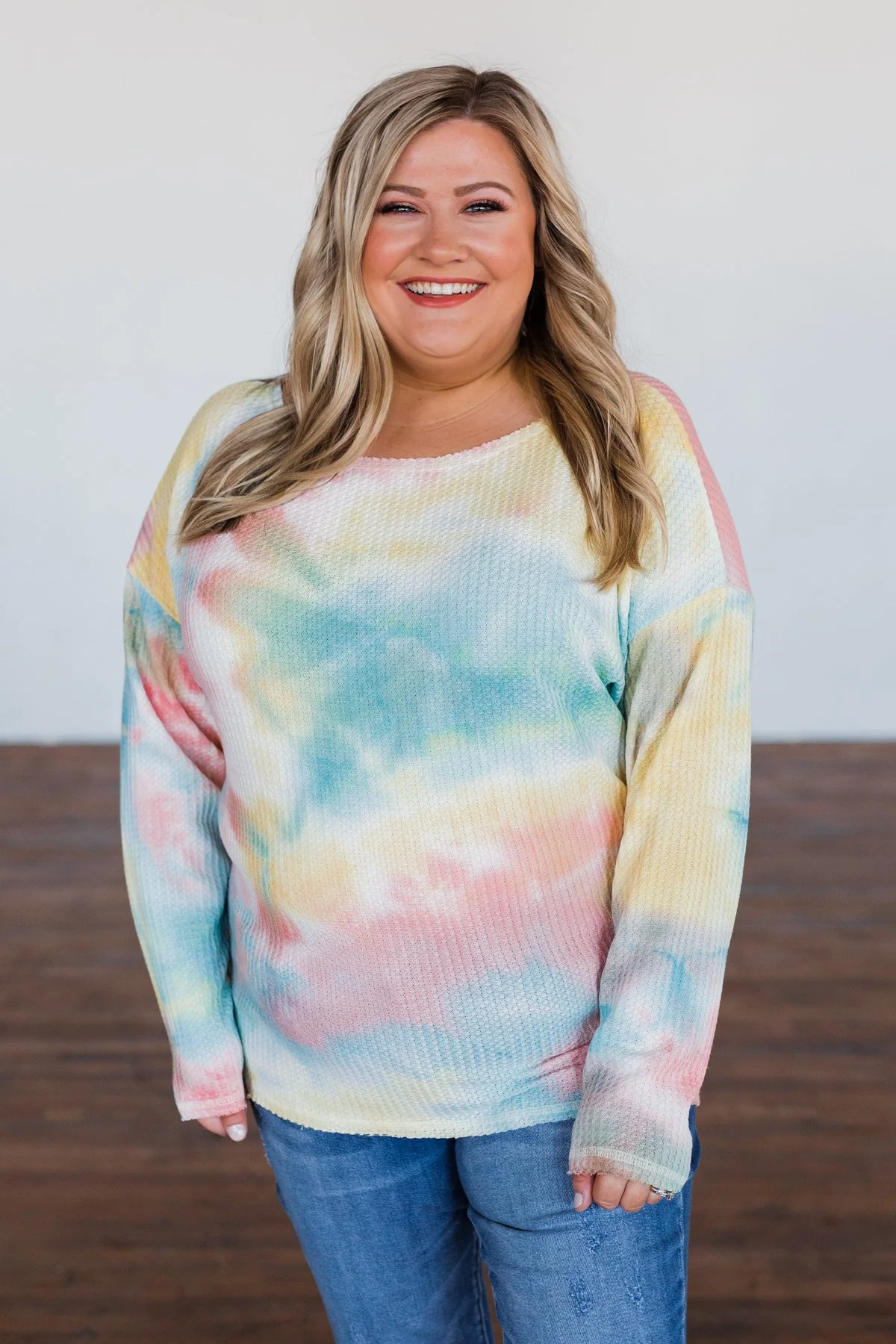 Time Will Tell Tie Dye Thermal Top- Yellow, Pink, & Blue - Image 5
