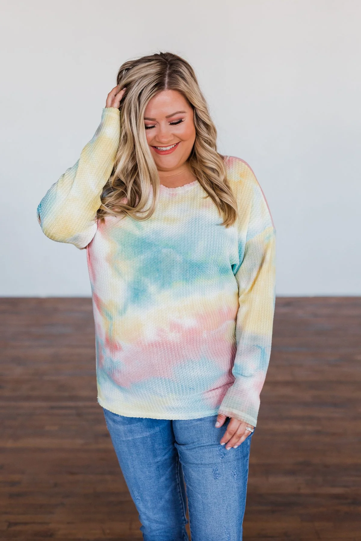 Time Will Tell Tie Dye Thermal Top- Yellow, Pink, & Blue - Image 6