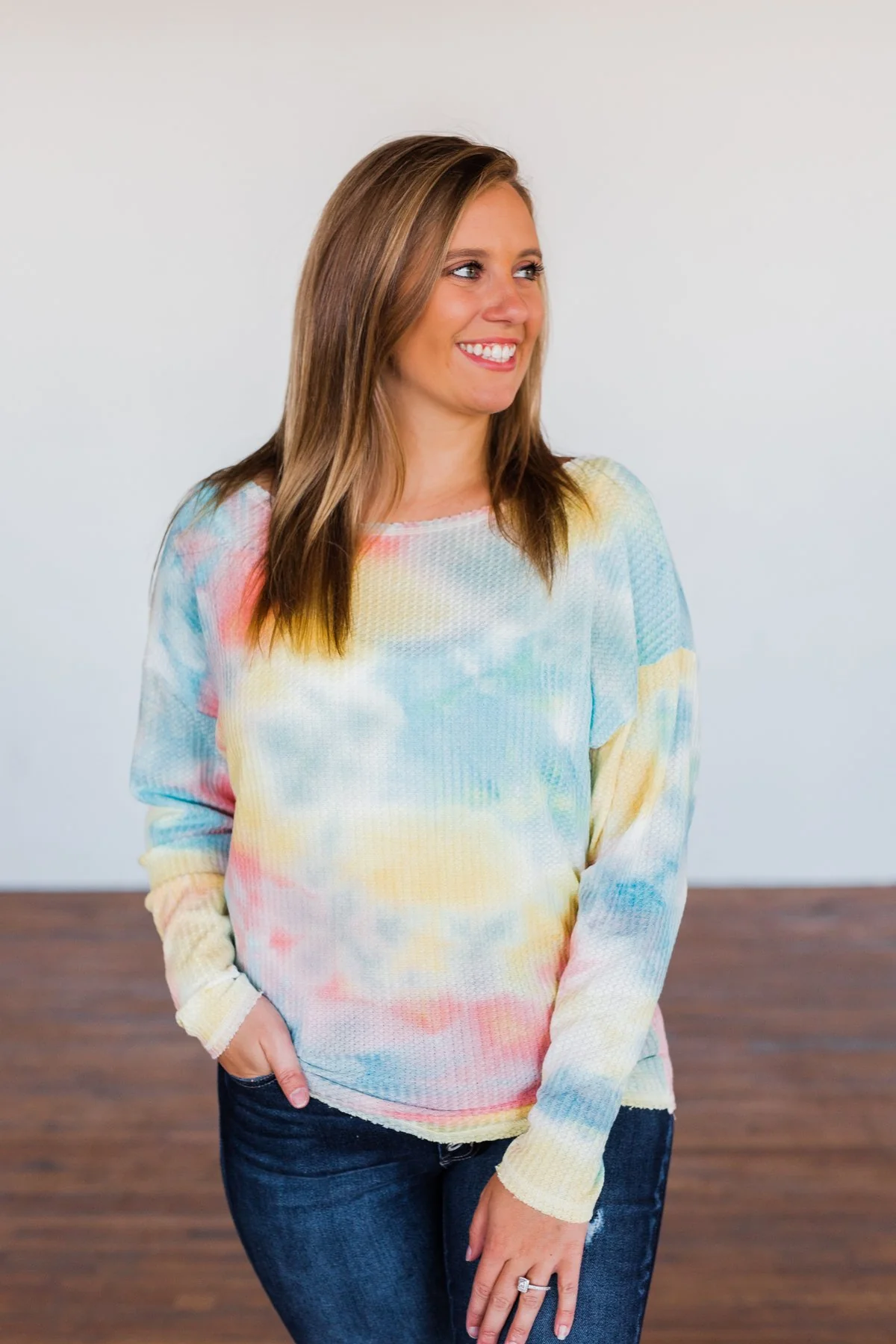 Time Will Tell Tie Dye Thermal Top- Yellow, Pink, & Blue - Image 7