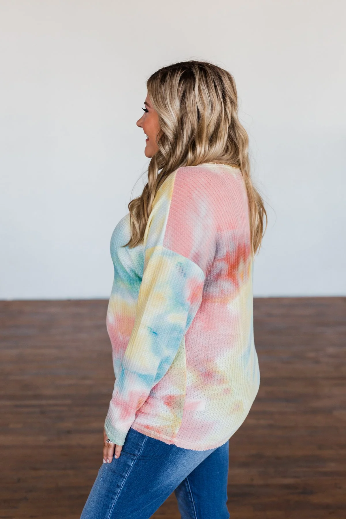 Time Will Tell Tie Dye Thermal Top- Yellow, Pink, & Blue - Image 8