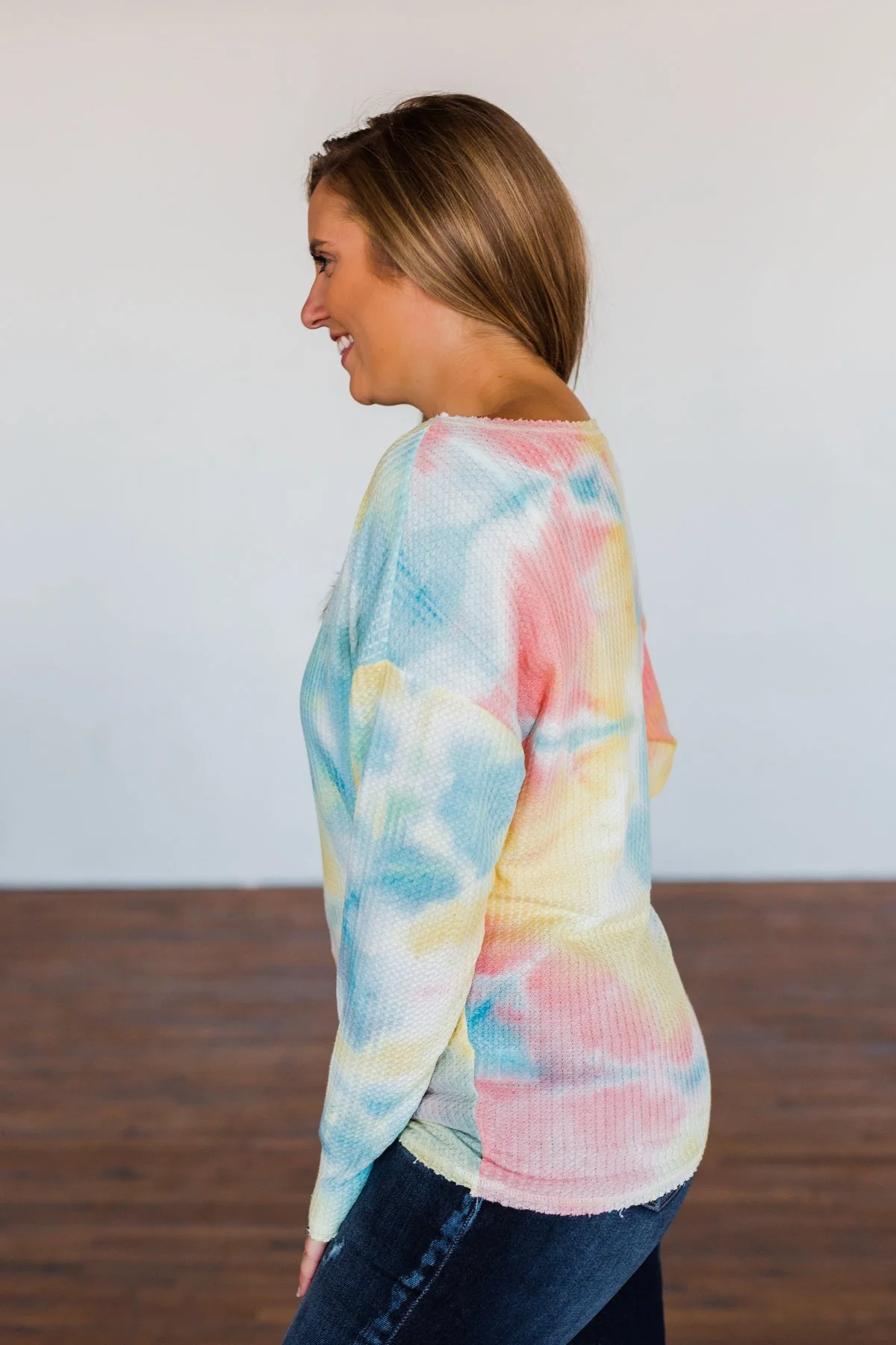 Time Will Tell Tie Dye Thermal Top- Yellow, Pink, & Blue - Image 9