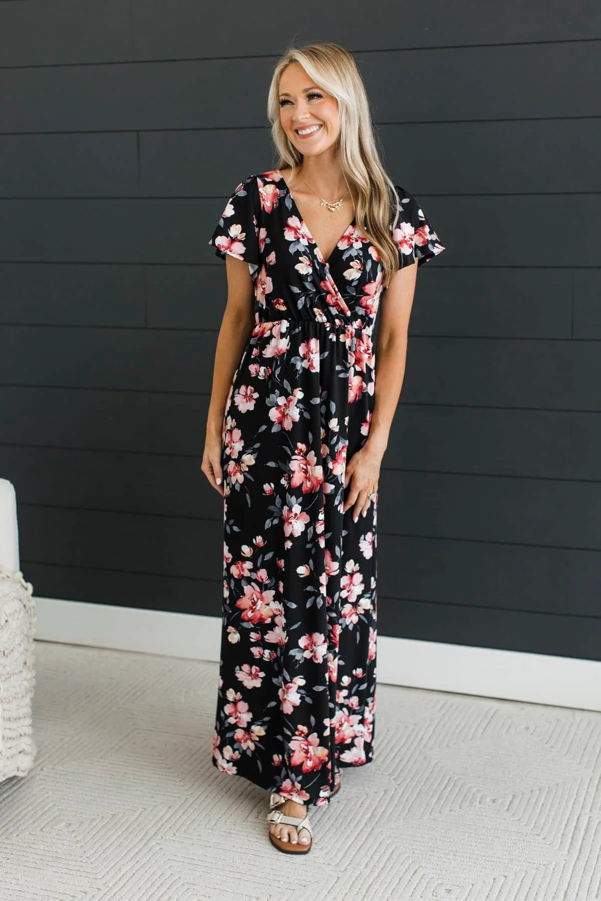 Timeless Grace Floral Maxi Dress- Black & Pink