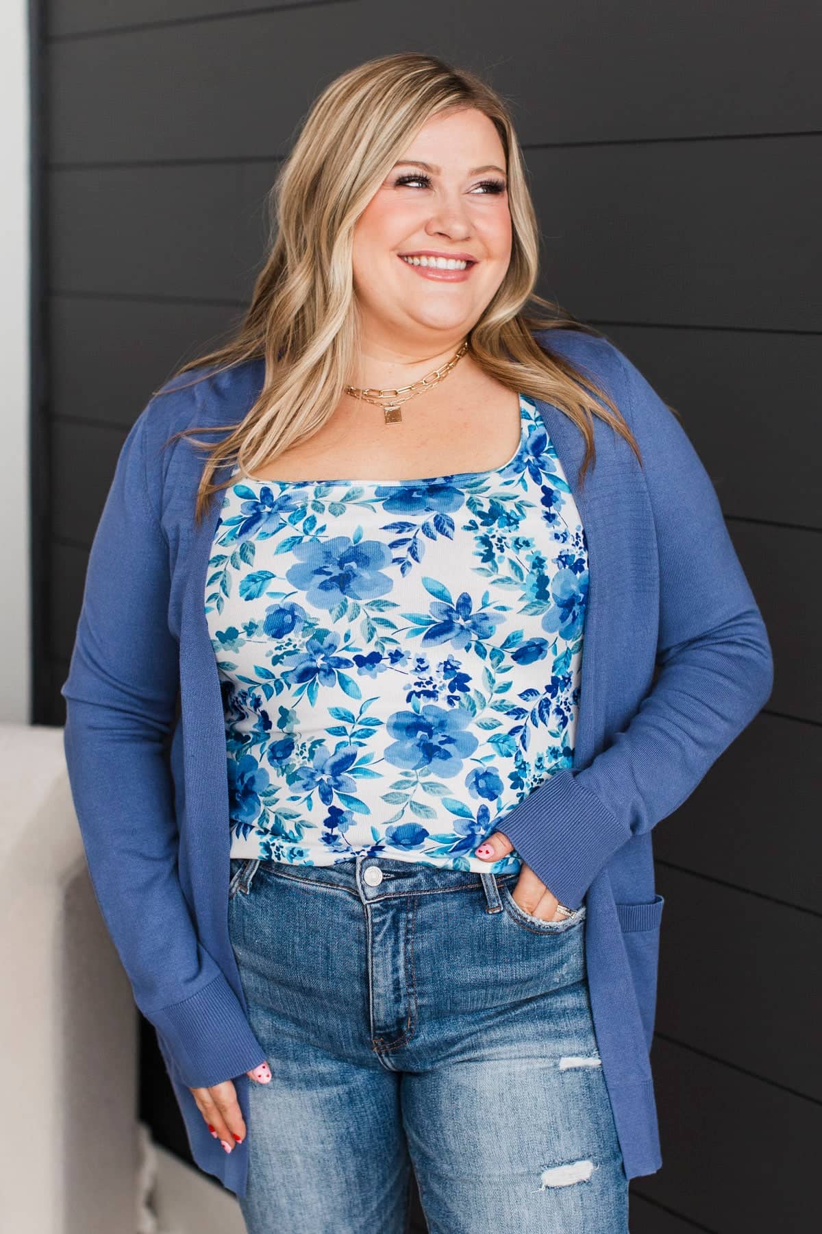 Timeless Melodies Floral Tank Top- Ivory & Dark Blue - Image 4