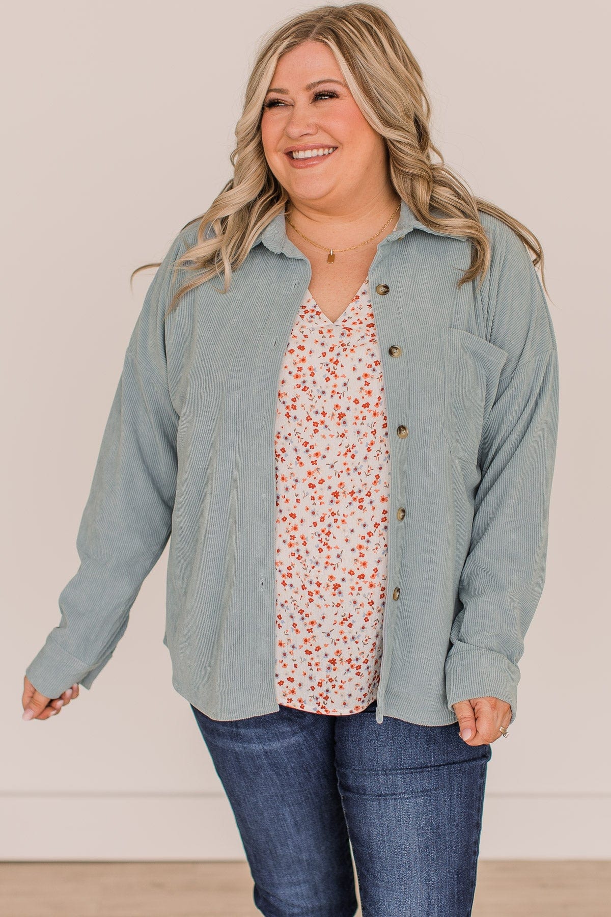 Timeless Memories Corduroy Knit Shirt Jacket- Dusty Blue - Image 2
