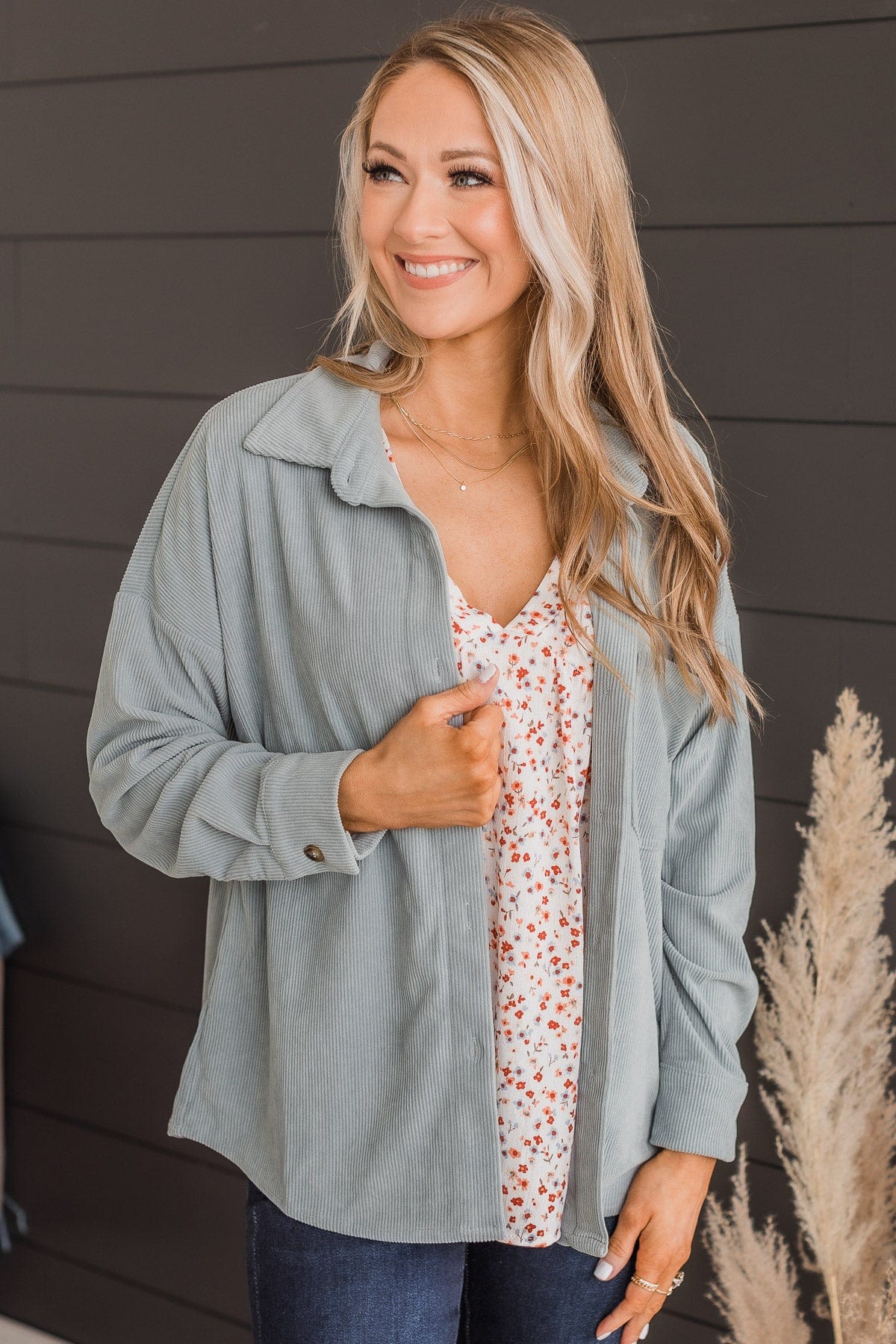 Timeless Memories Corduroy Knit Shirt Jacket- Dusty Blue - Image 3