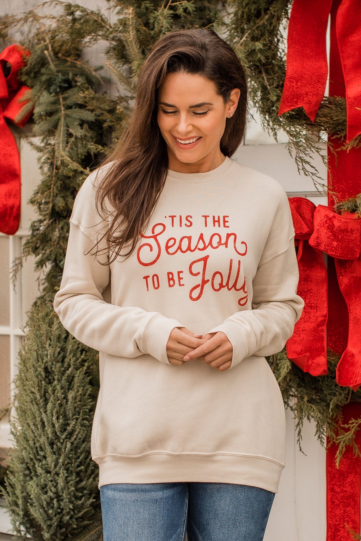 "Tis The Season To Be Jolly" Crew Neck- Beige - Image 3