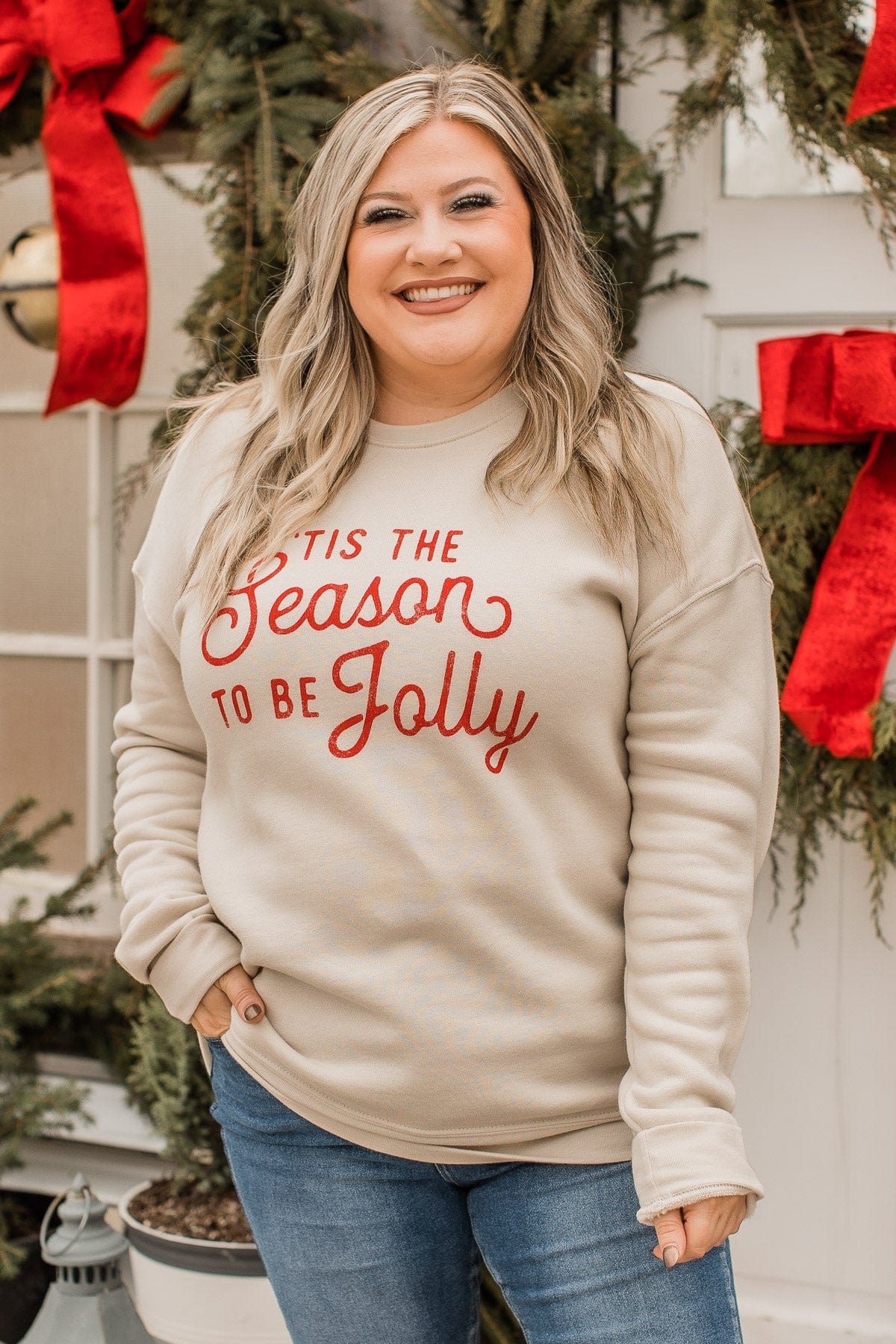 "Tis The Season To Be Jolly" Crew Neck- Beige - Image 4