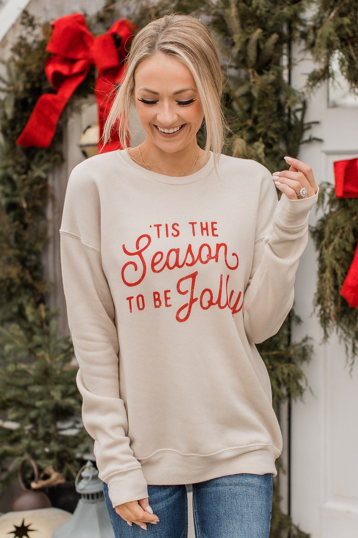 "Tis The Season To Be Jolly" Crew Neck- Beige - Image 5