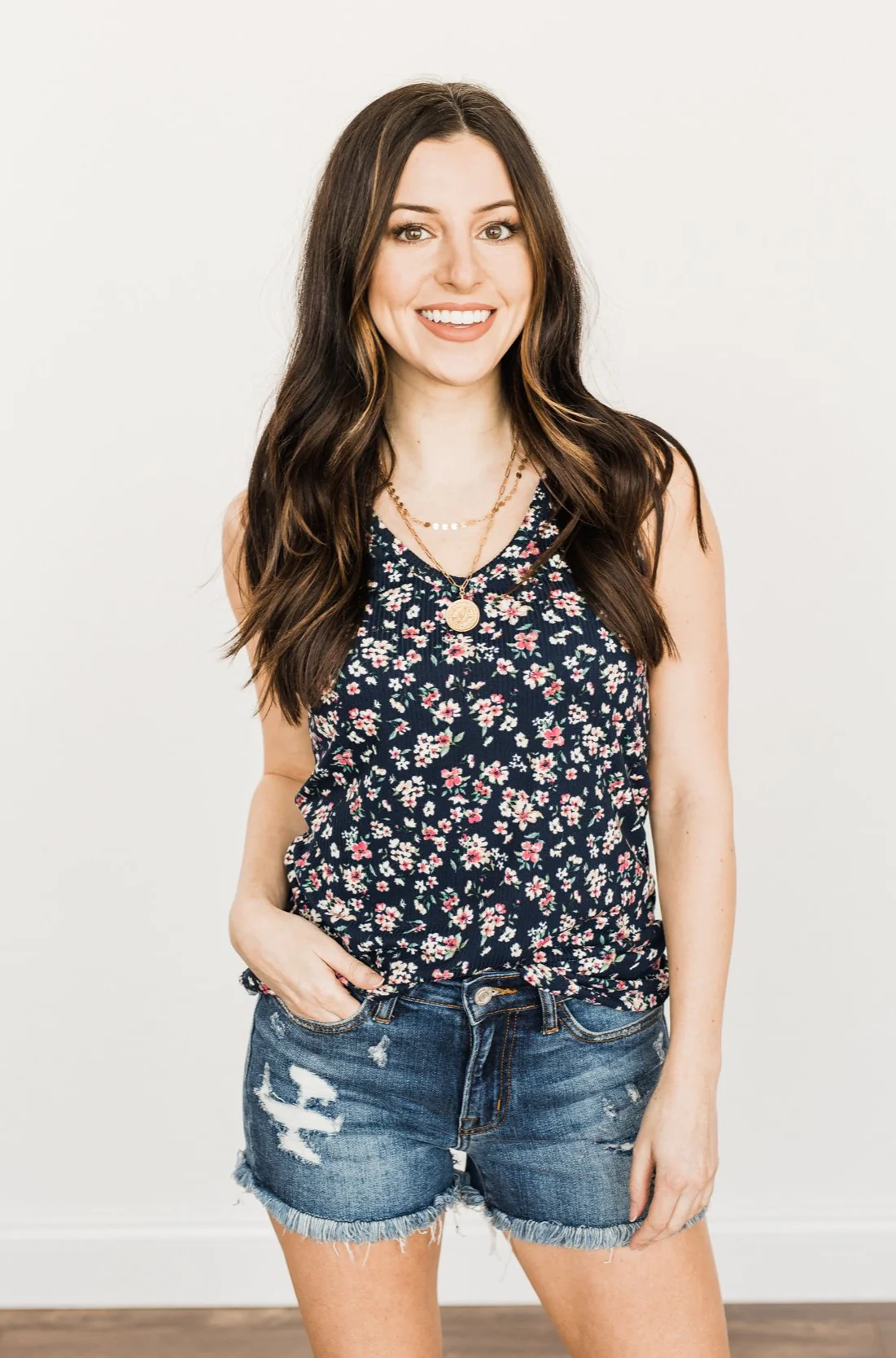 Together As One Floral Tank Top- Navy - Image 2