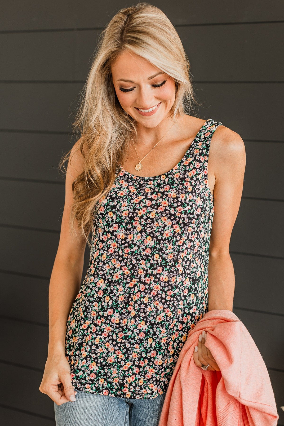 Together In Bliss Floral Tank Top- Black & Peach - Image 2