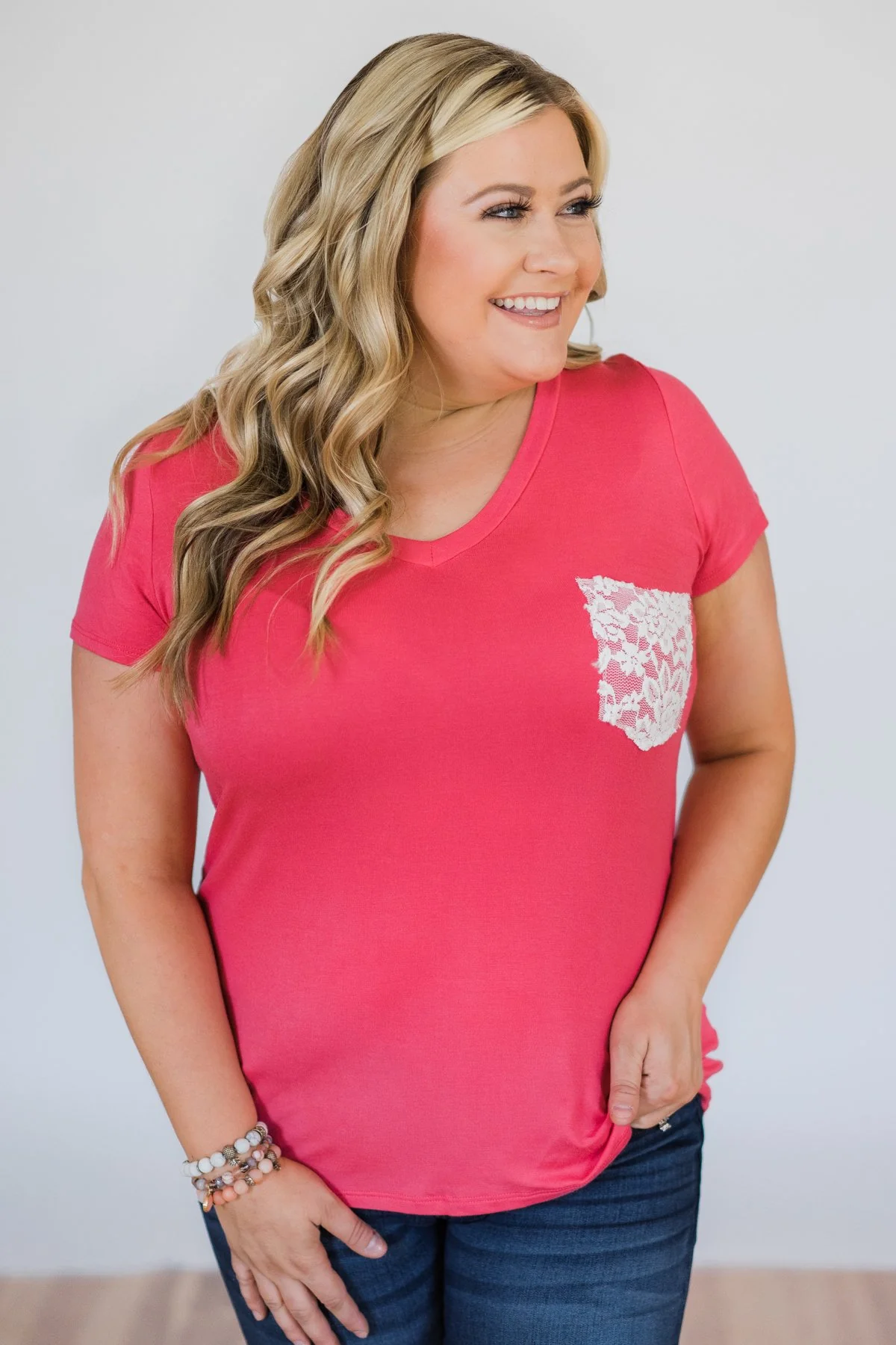 Torn Over You Lace Pocket Top- Watermelon - Image 3