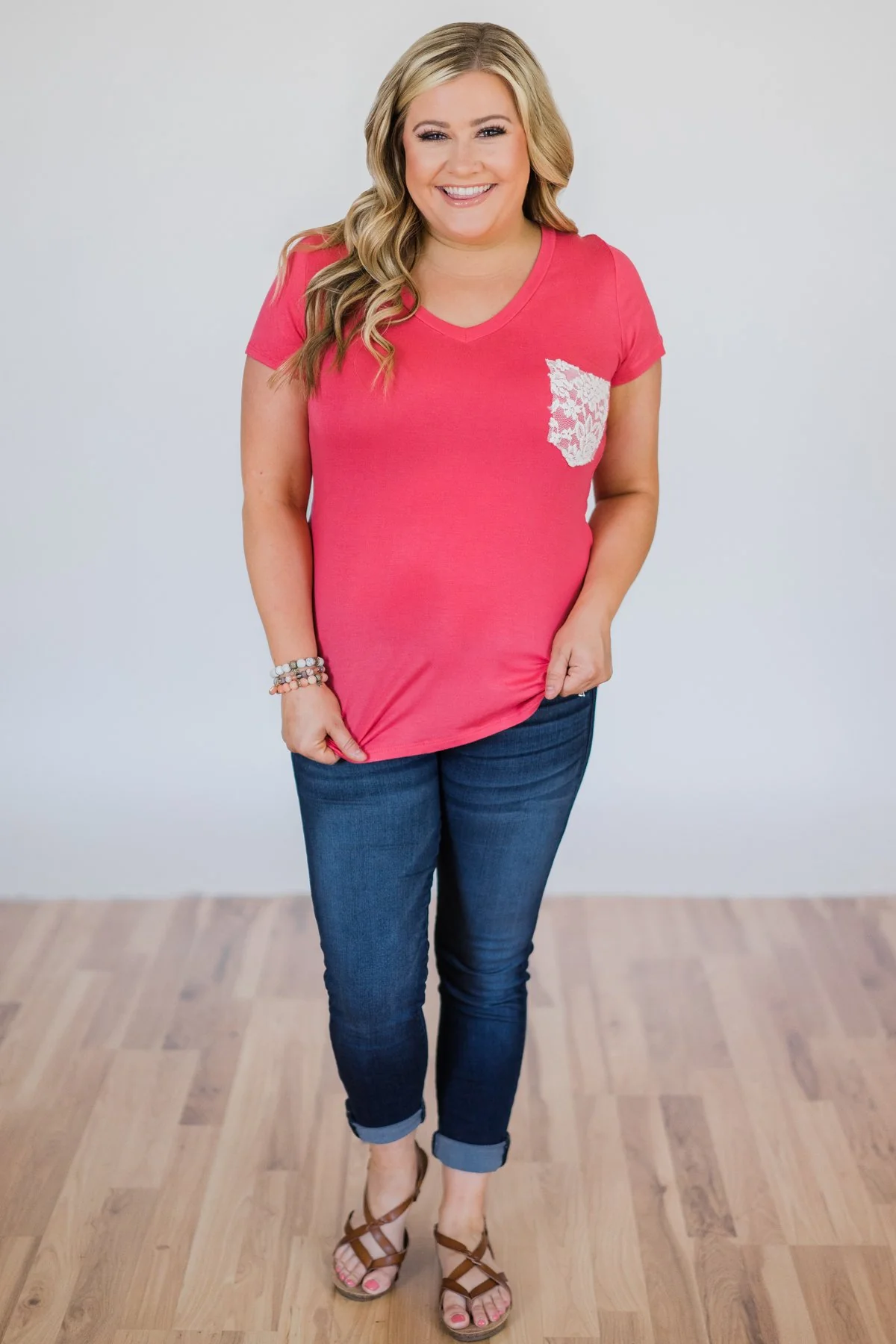 Torn Over You Lace Pocket Top- Watermelon - Image 4