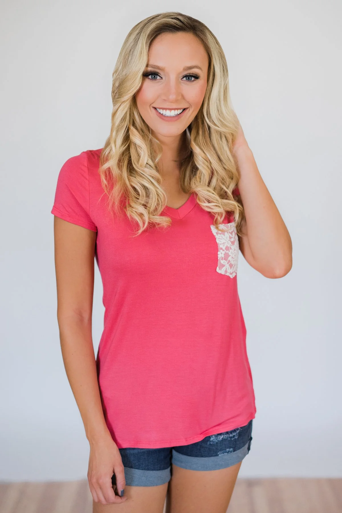 Torn Over You Lace Pocket Top- Watermelon - Image 5