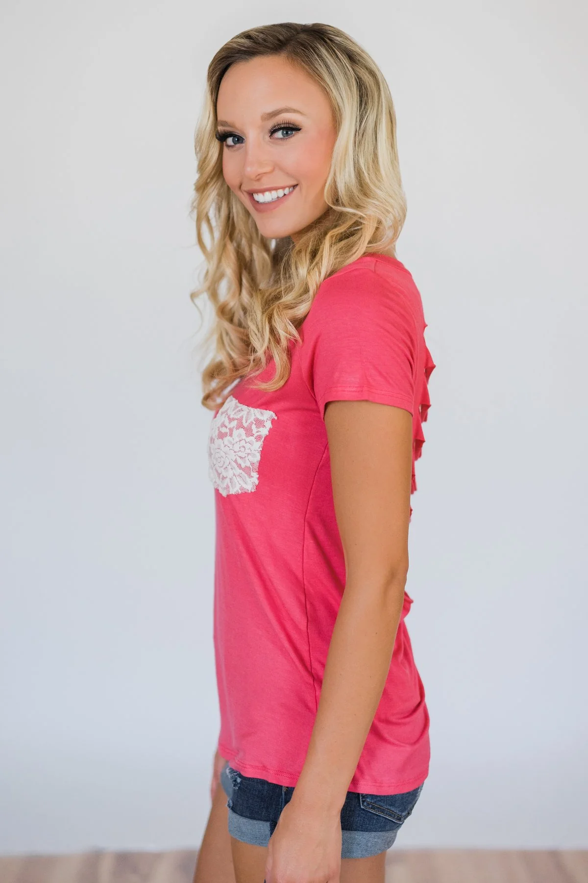 Torn Over You Lace Pocket Top- Watermelon - Image 8