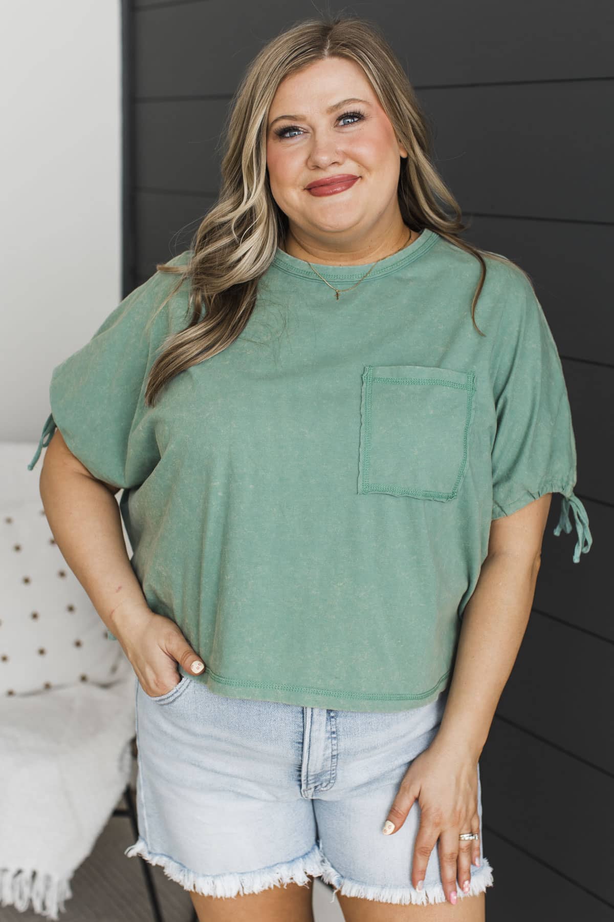 Total Crush Short Tie Sleeve Top- Jade Green - Image 3