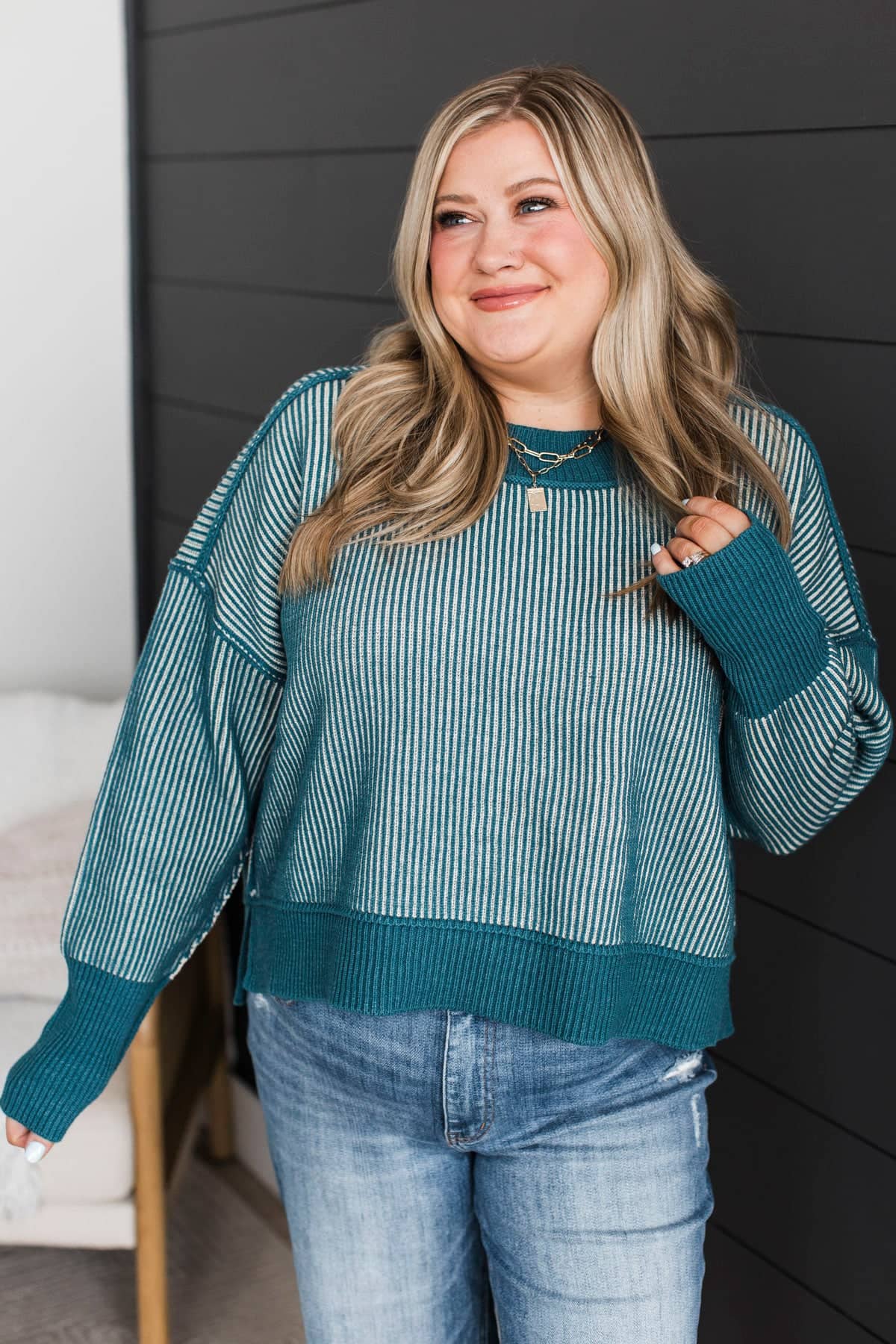 Total Devotion Two-Tone Knit Sweater- Dark Teal