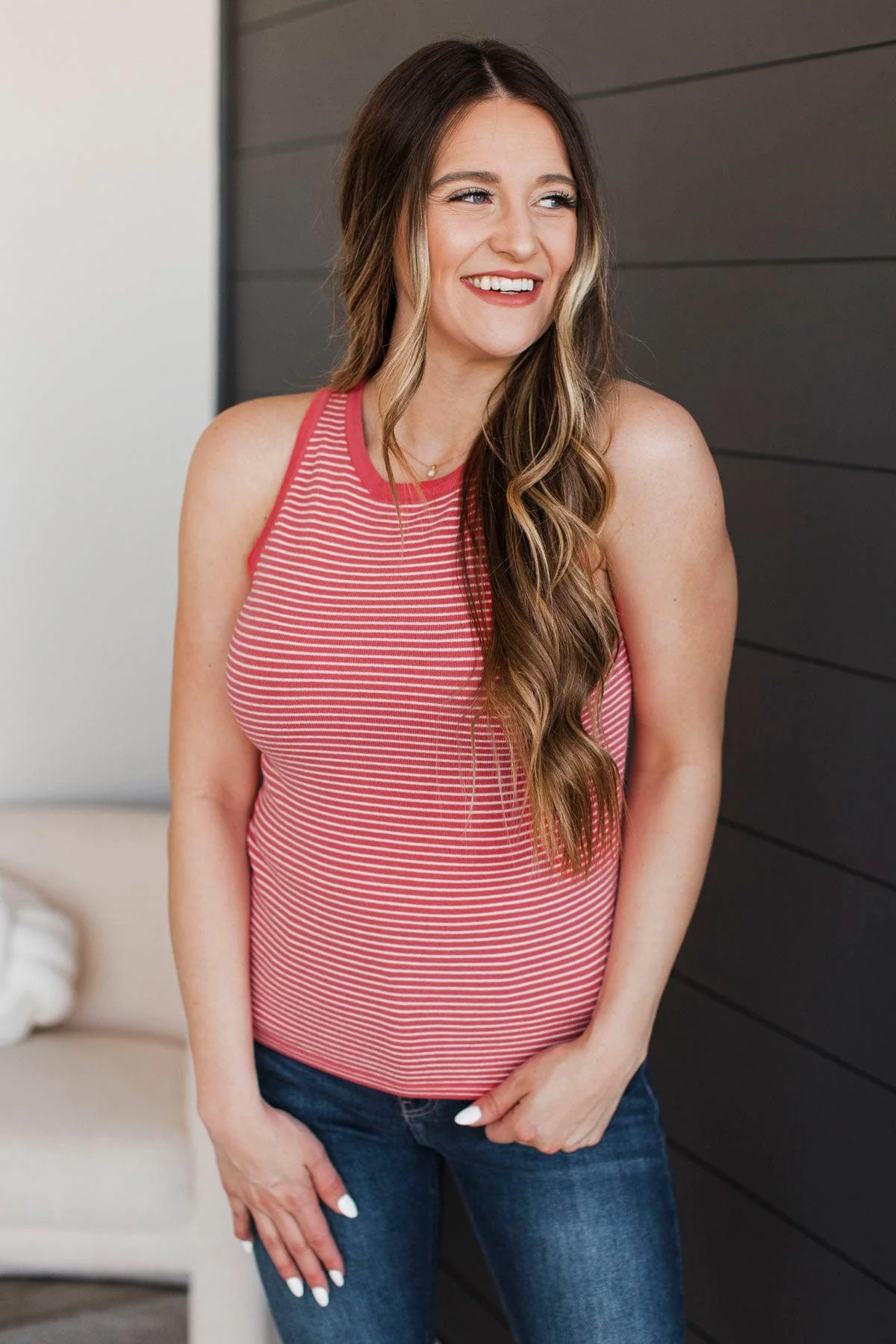 Totally Darling Striped Knit Tank Top- Coral