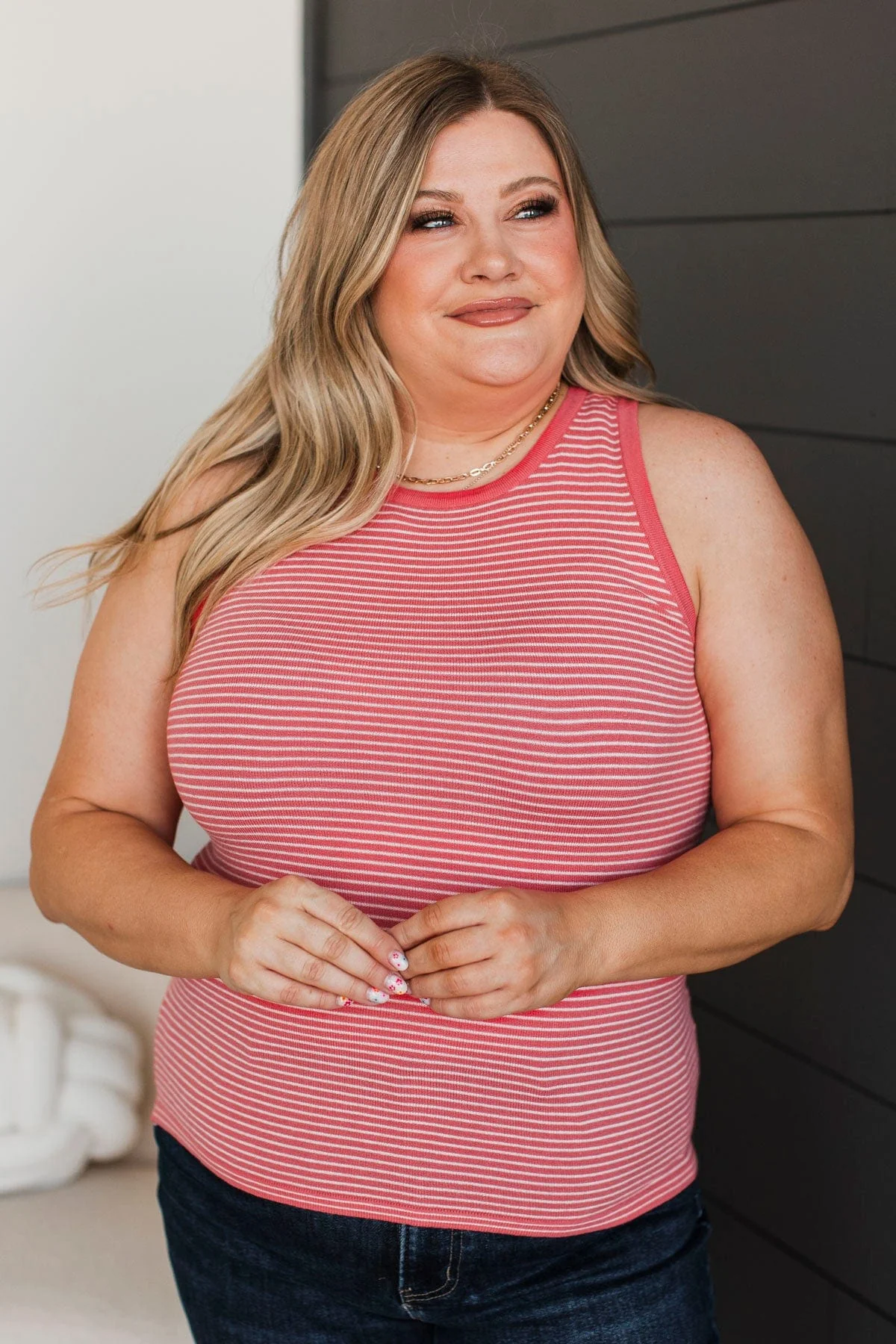 Totally Darling Striped Knit Tank Top- Coral - Image 2