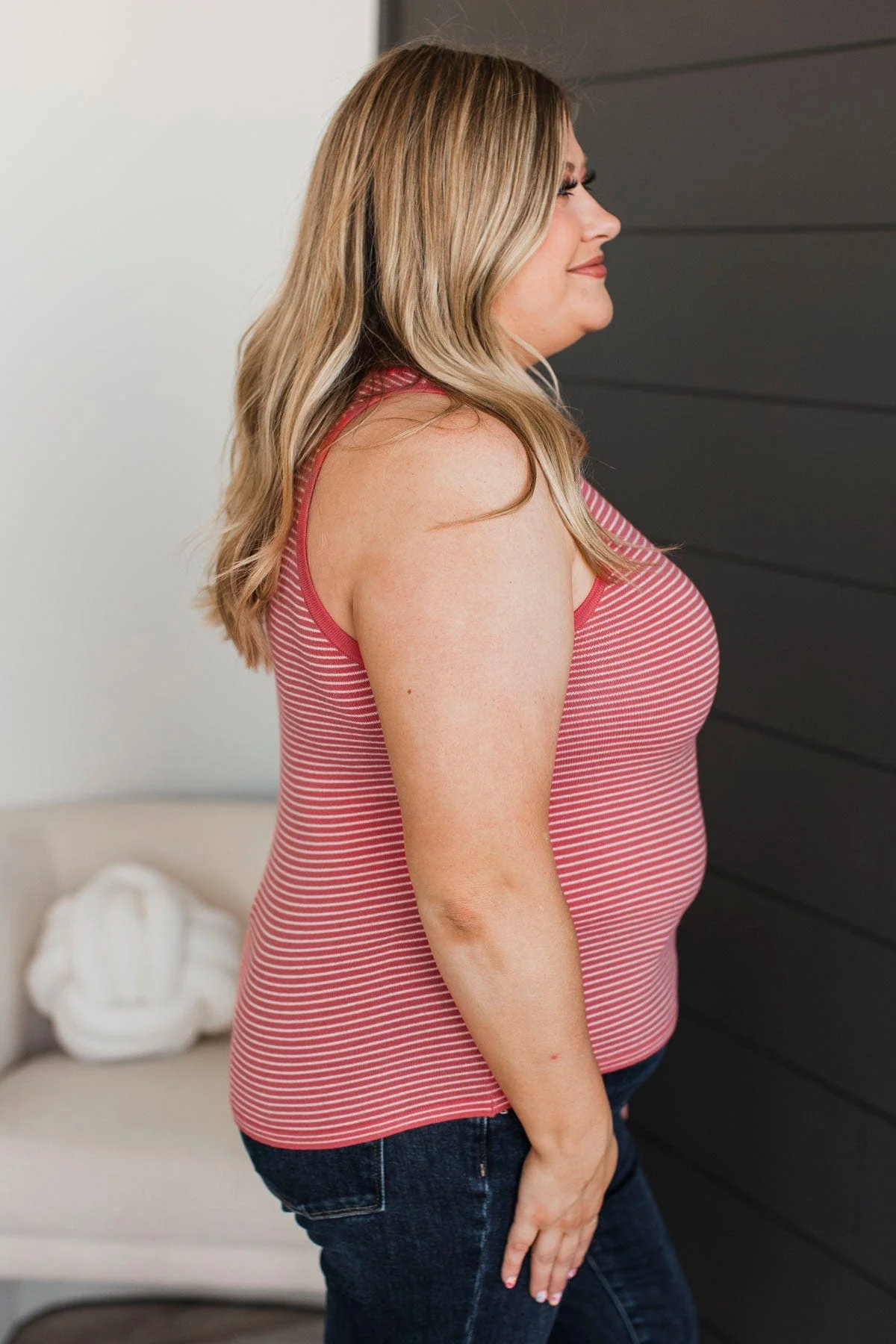 Totally Darling Striped Knit Tank Top- Coral - Image 6