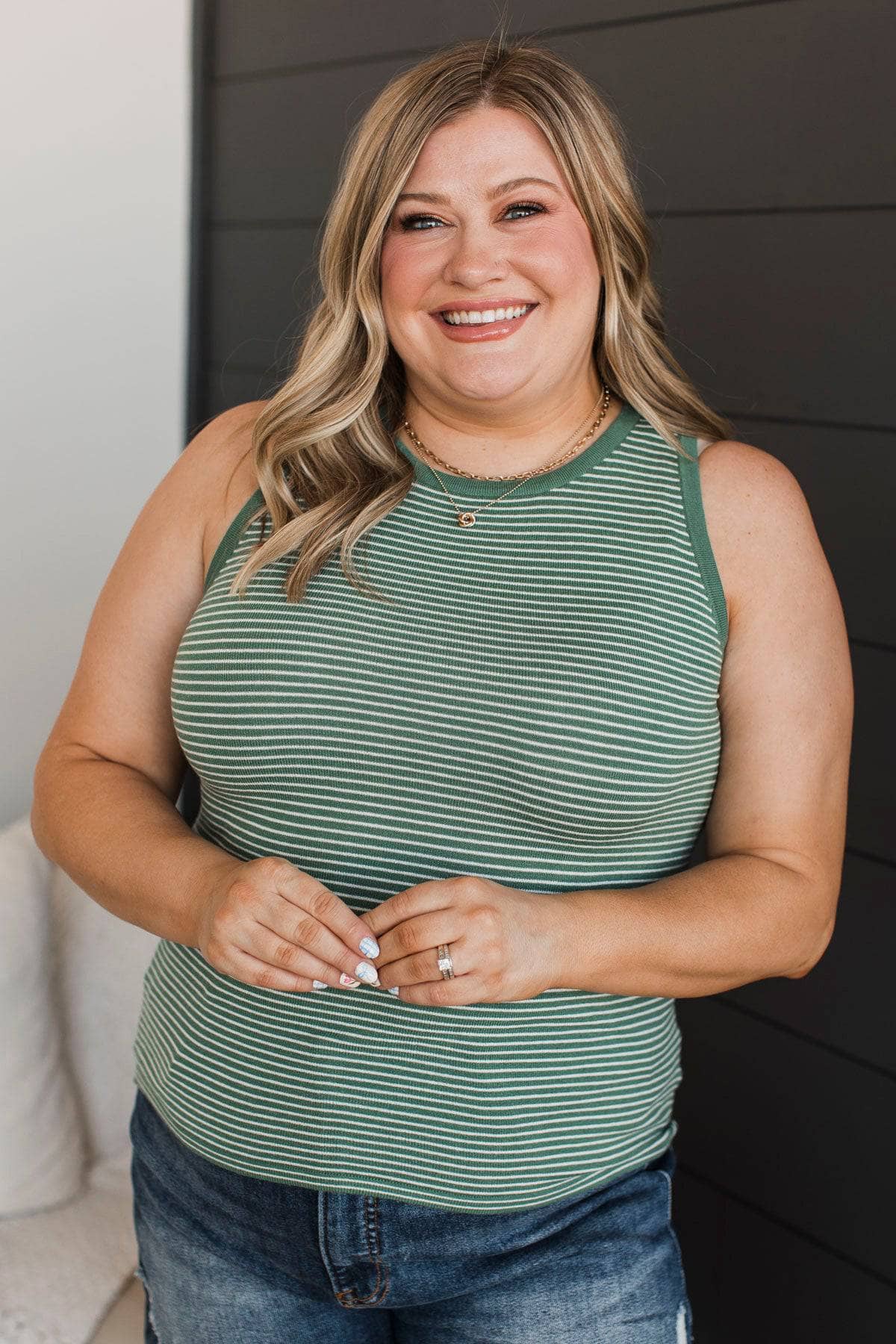 Totally Darling Striped Knit Tank Top- Dark Green - Image 3