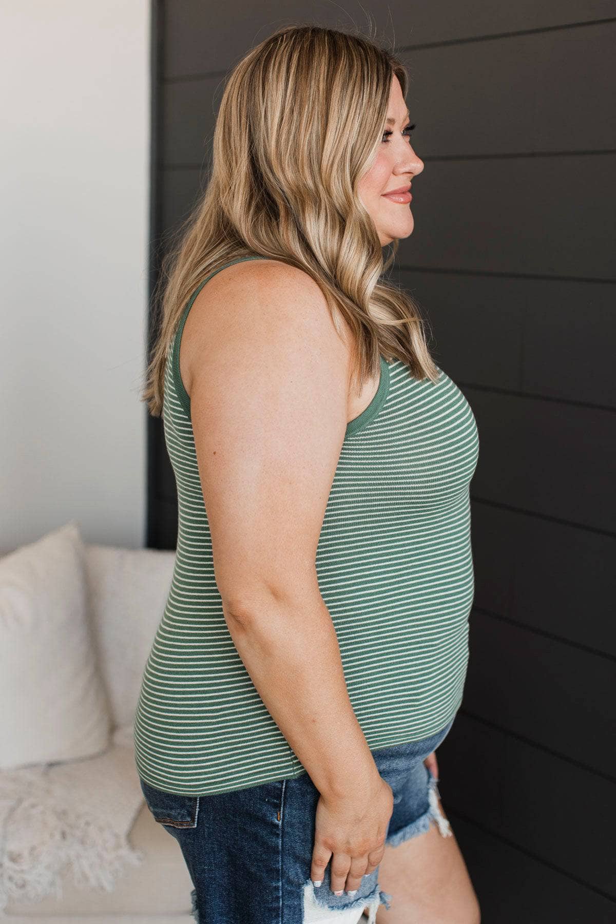 Totally Darling Striped Knit Tank Top- Dark Green - Image 5