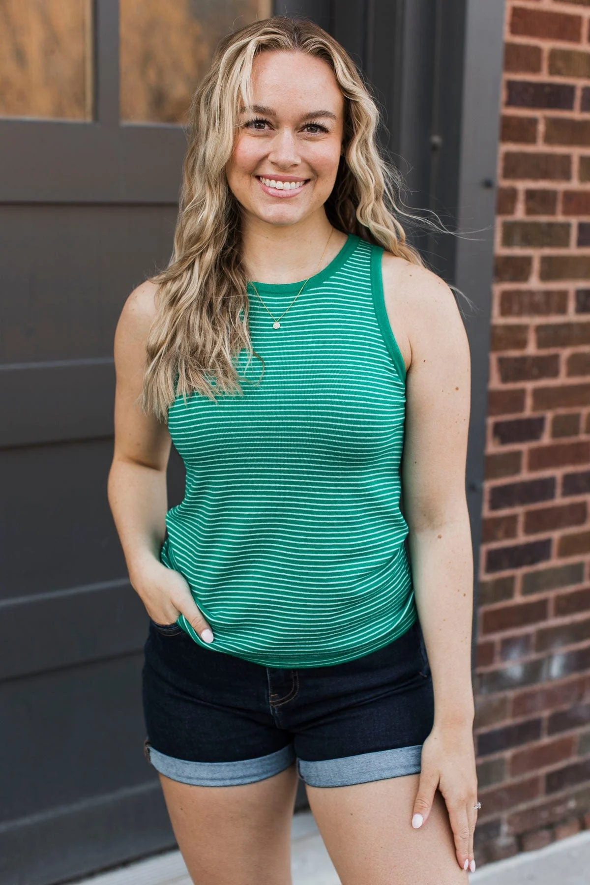 Totally Darling Striped Knit Tank Top- Emerald - Image 5