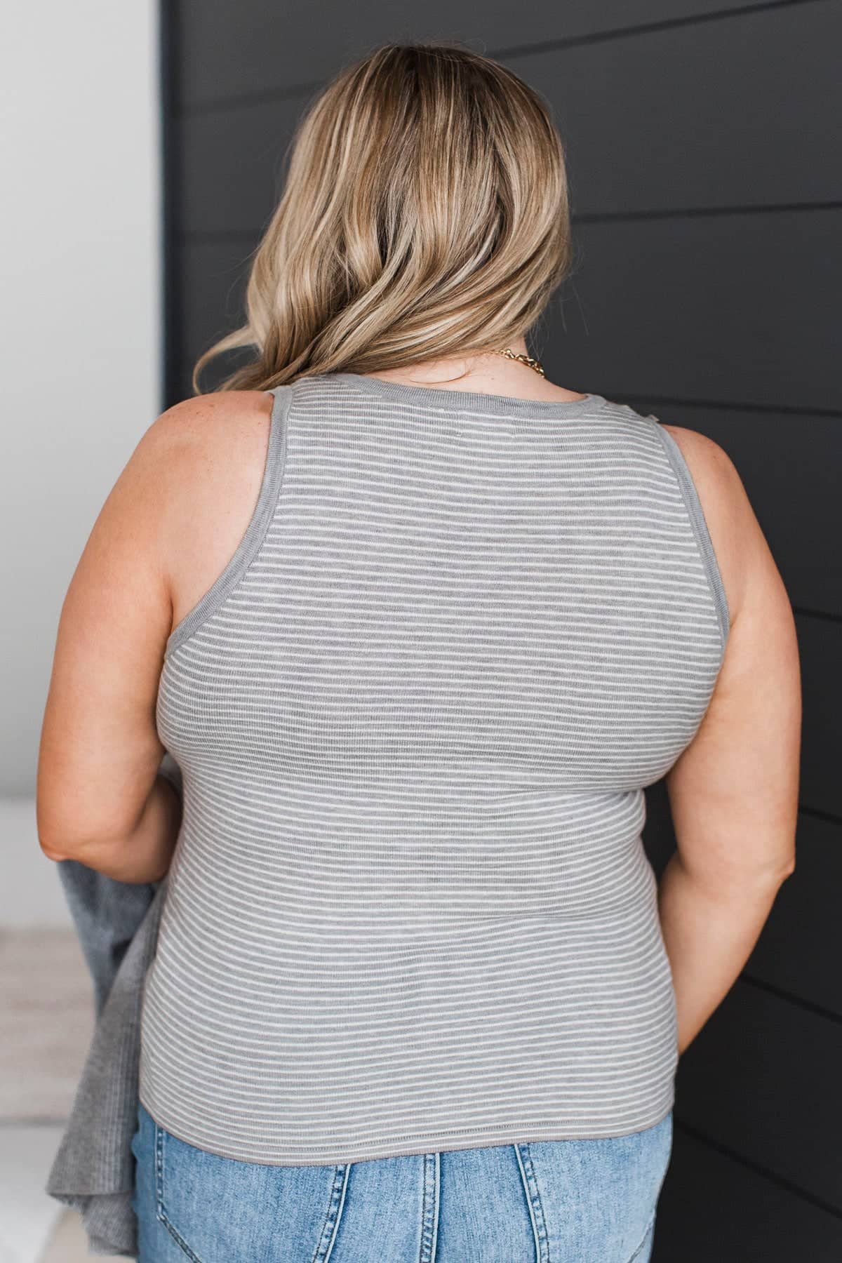 Totally Darling Striped Knit Tank Top- Heather Grey - Image 4