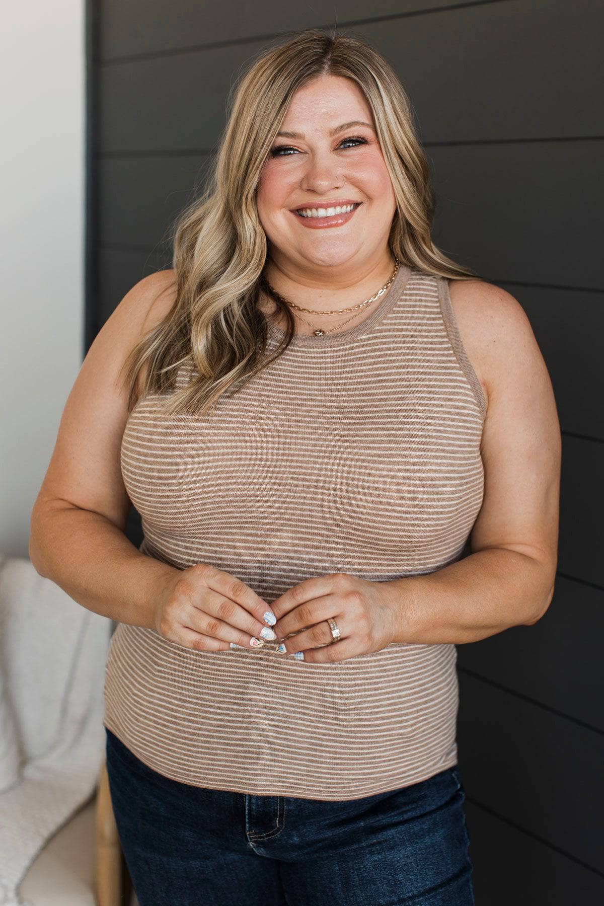 Totally Darling Striped Knit Tank Top- Light Mocha