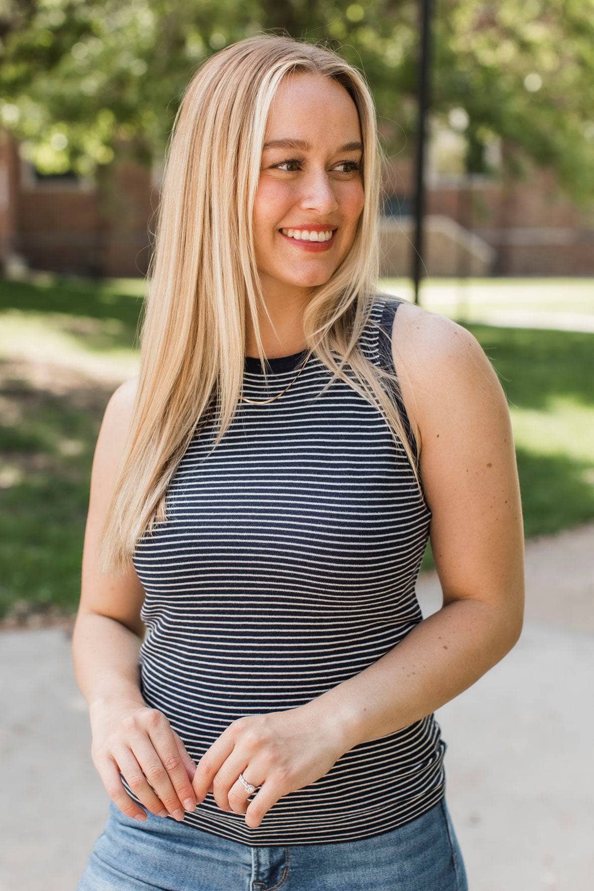 Totally Darling Striped Knit Tank Top- Navy - Image 2