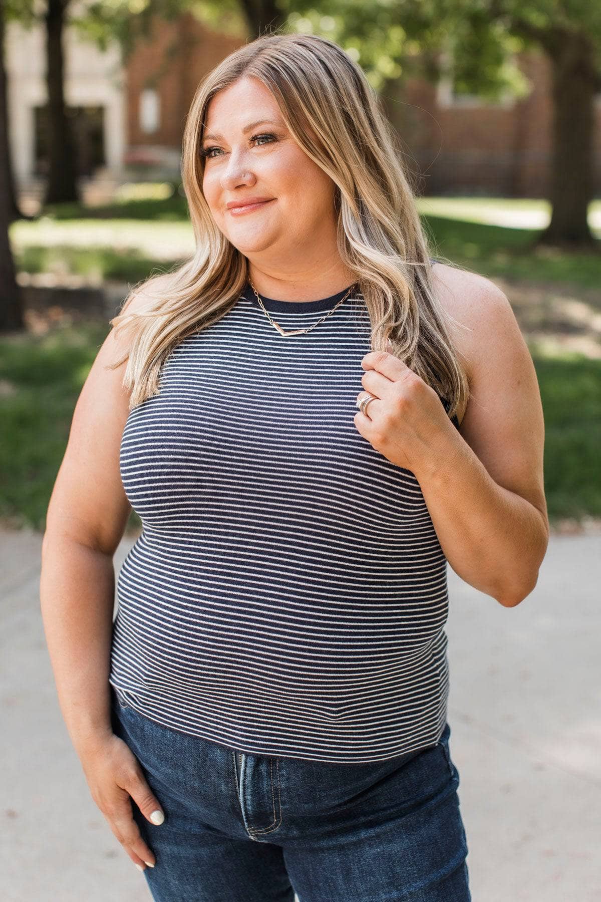 Totally Darling Striped Knit Tank Top- Navy - Image 3