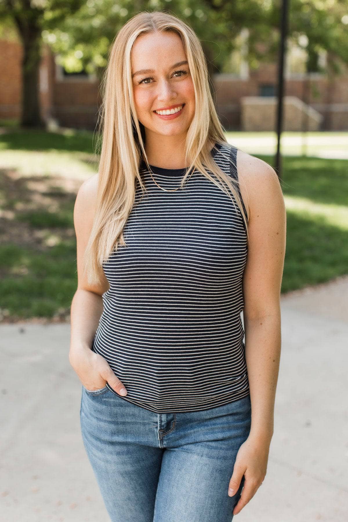 Totally Darling Striped Knit Tank Top- Navy - Image 4