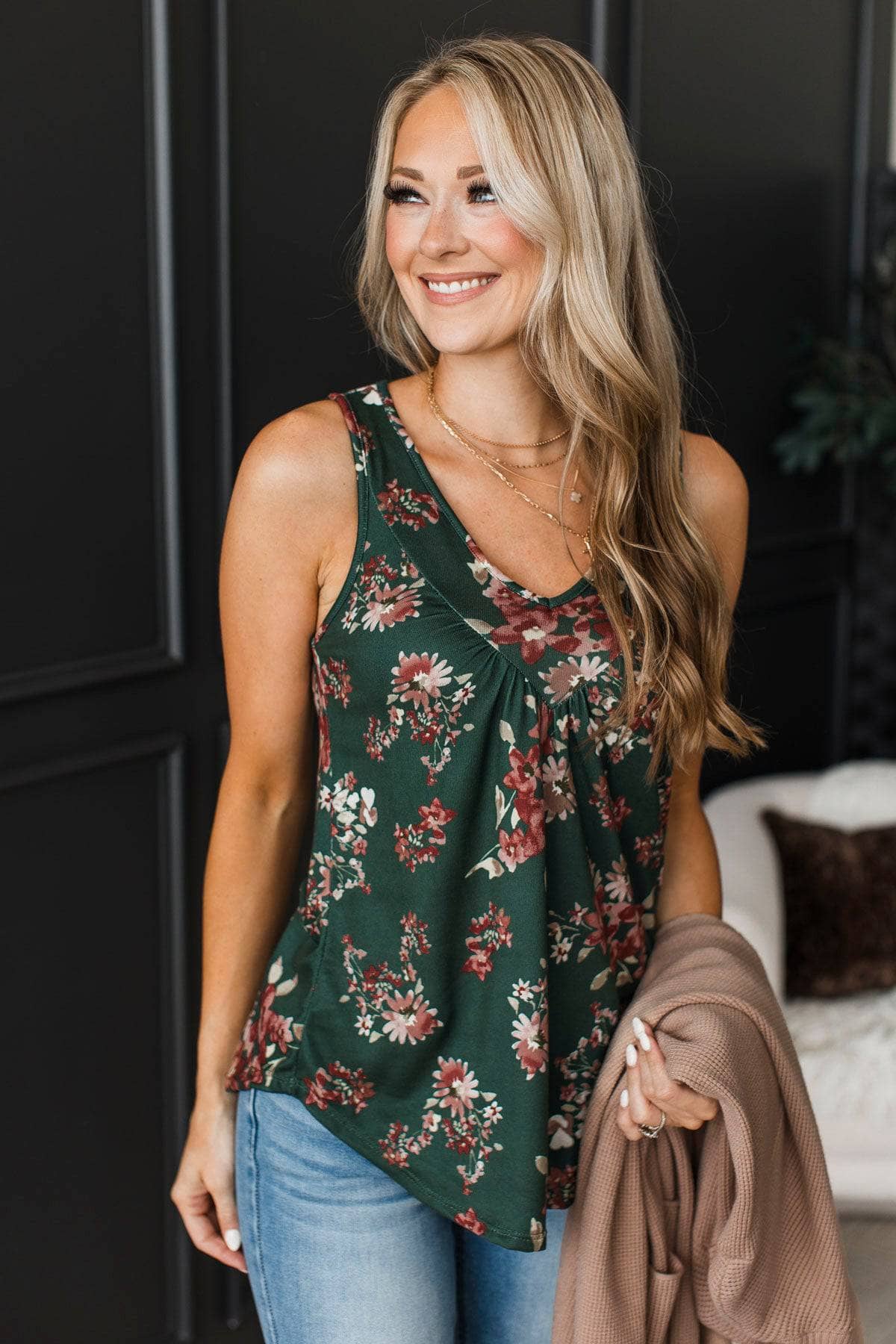 Totally Romantic Floral Tank Top- Dark Green - Image 2