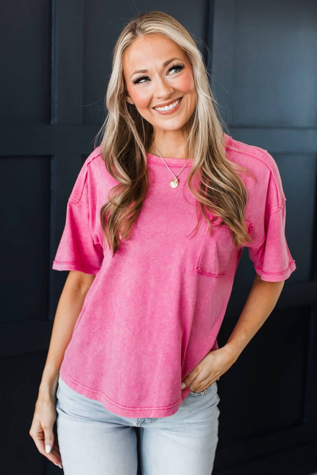Totally Unique Short Sleeve Acid Wash Top- Pink