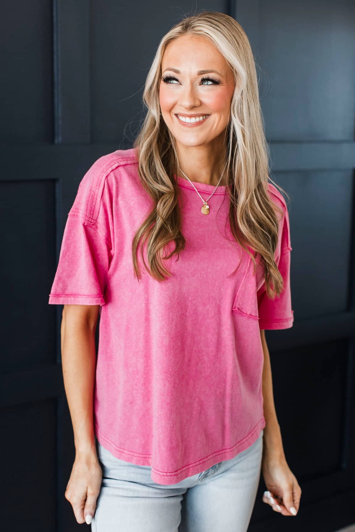 Totally Unique Short Sleeve Acid Wash Top- Pink - Image 3