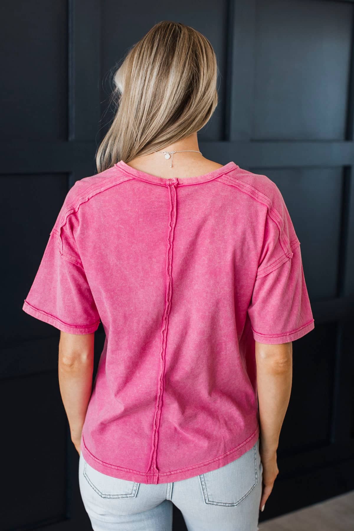 Totally Unique Short Sleeve Acid Wash Top- Pink - Image 5